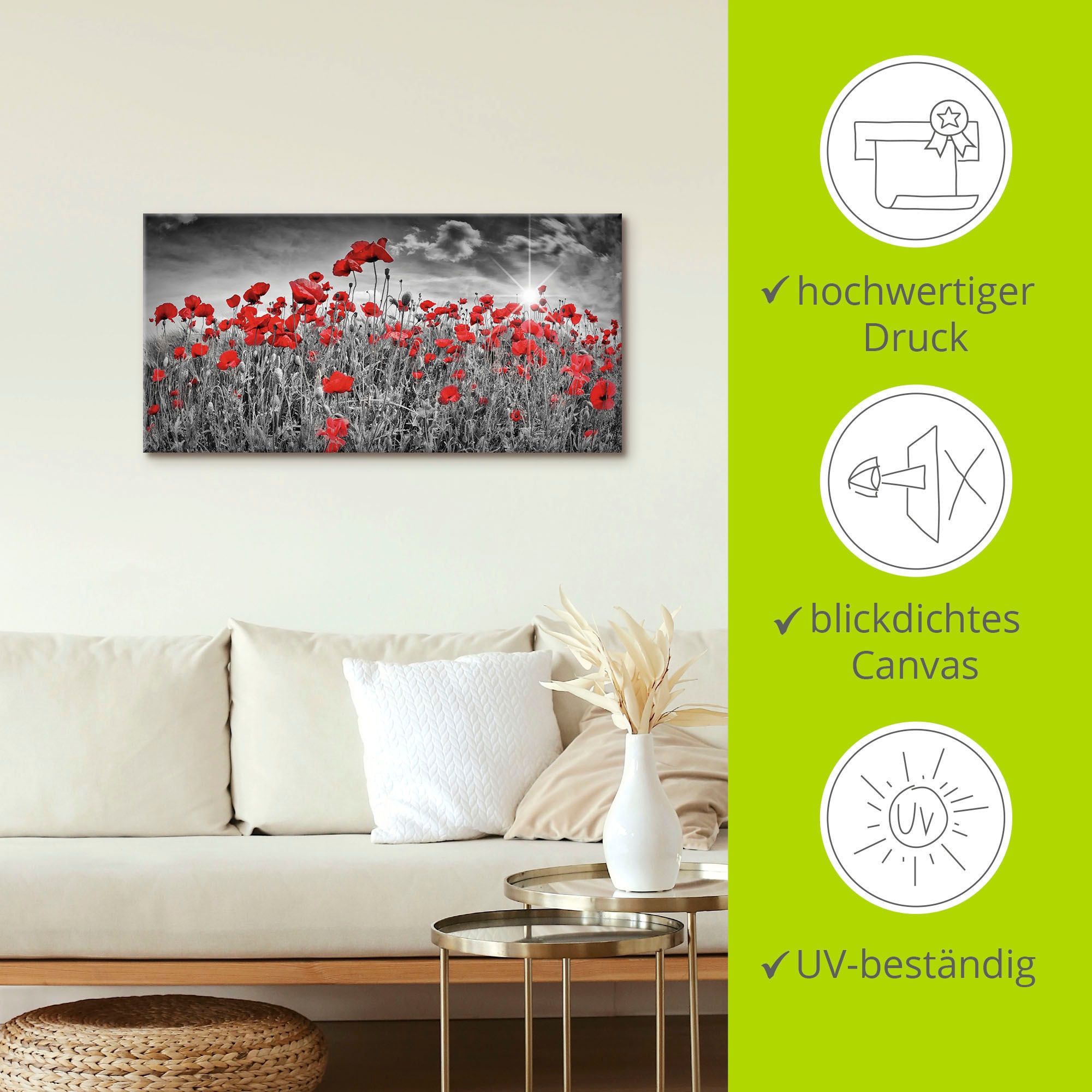 Artland Wandbild »Idyllisches Mohnblumenfeld mit Sonne«, Blumen, (1 St.), als Alubild, Outdoorbild, Leinwandbild, Poster, Wandaufkleber