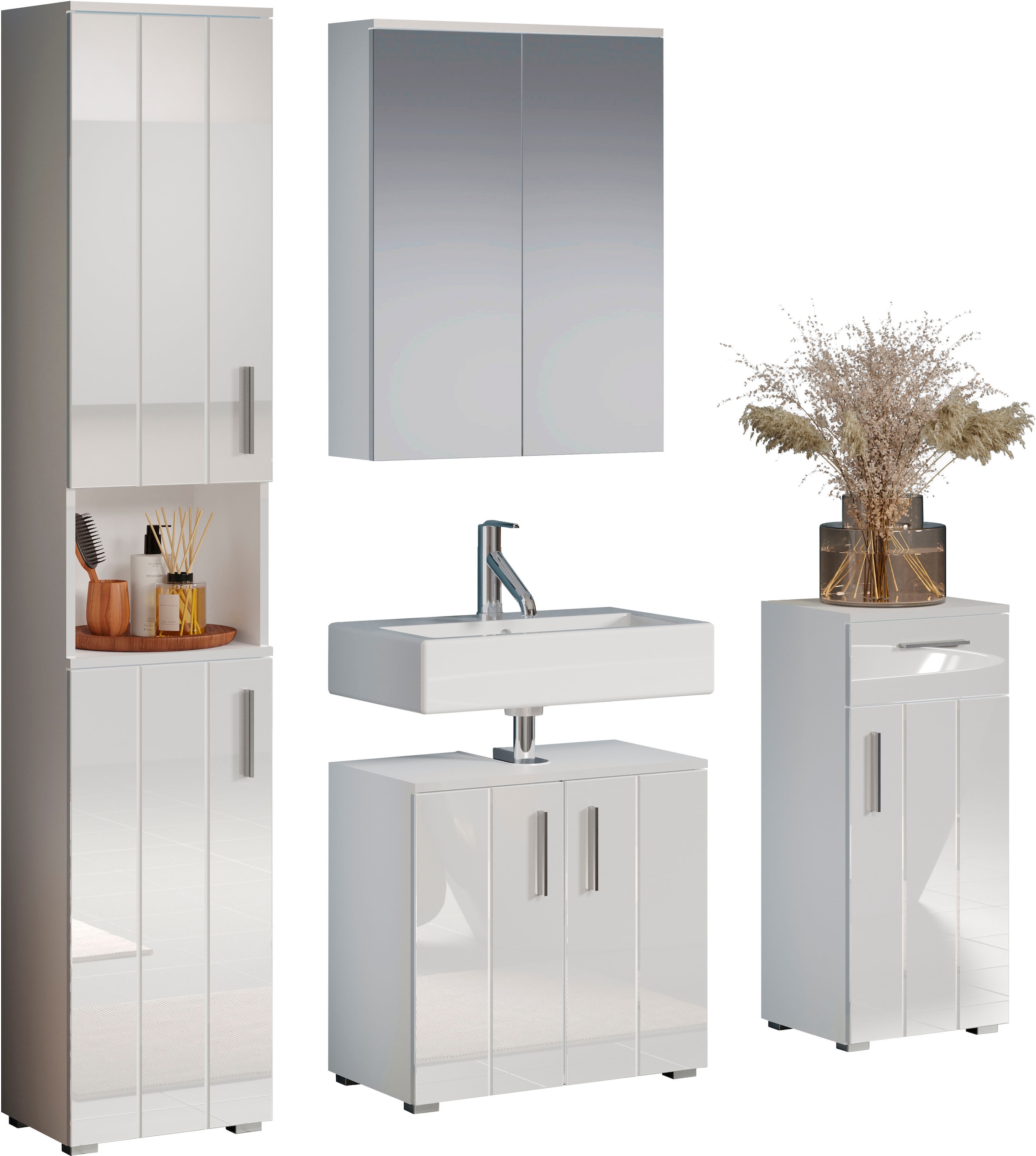 welltime Badezimmer-Set »Prag«, (Set, 4 St.), Badmöbel - Hochschrank, Waschtisch, Spiegelschrank und Unterschrank