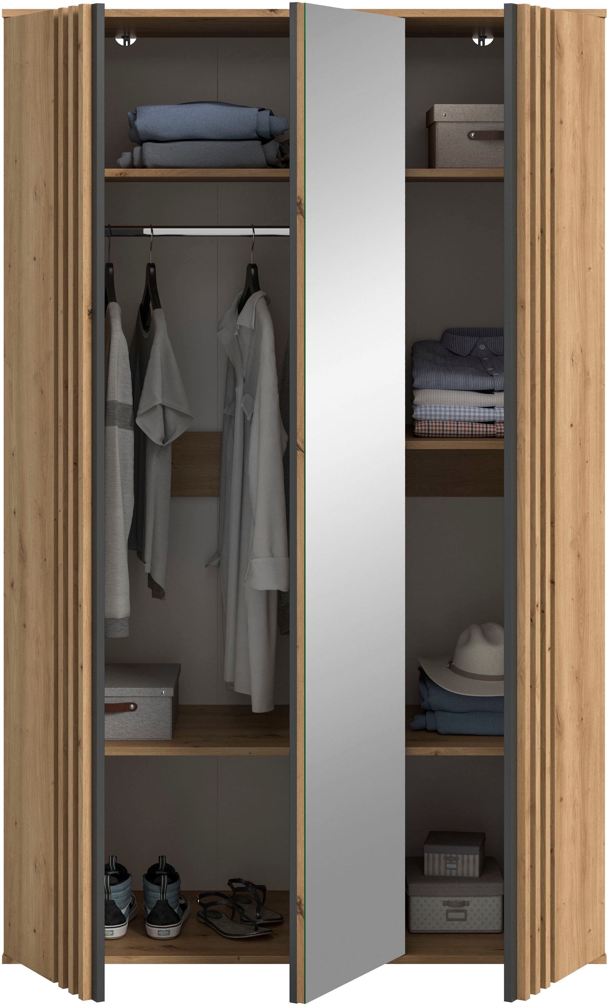 Home affaire Kleiderschrank »ALVA, Breite 120 cm, mit griffloser Front in Paneeloptik, Schrank« Schlafzimmerschrank in weiteren Ausführungen erhältlich,  3 Türen, davon 1 Spiegeltür, 1 Kleiderstange, 5 Einlegeböden