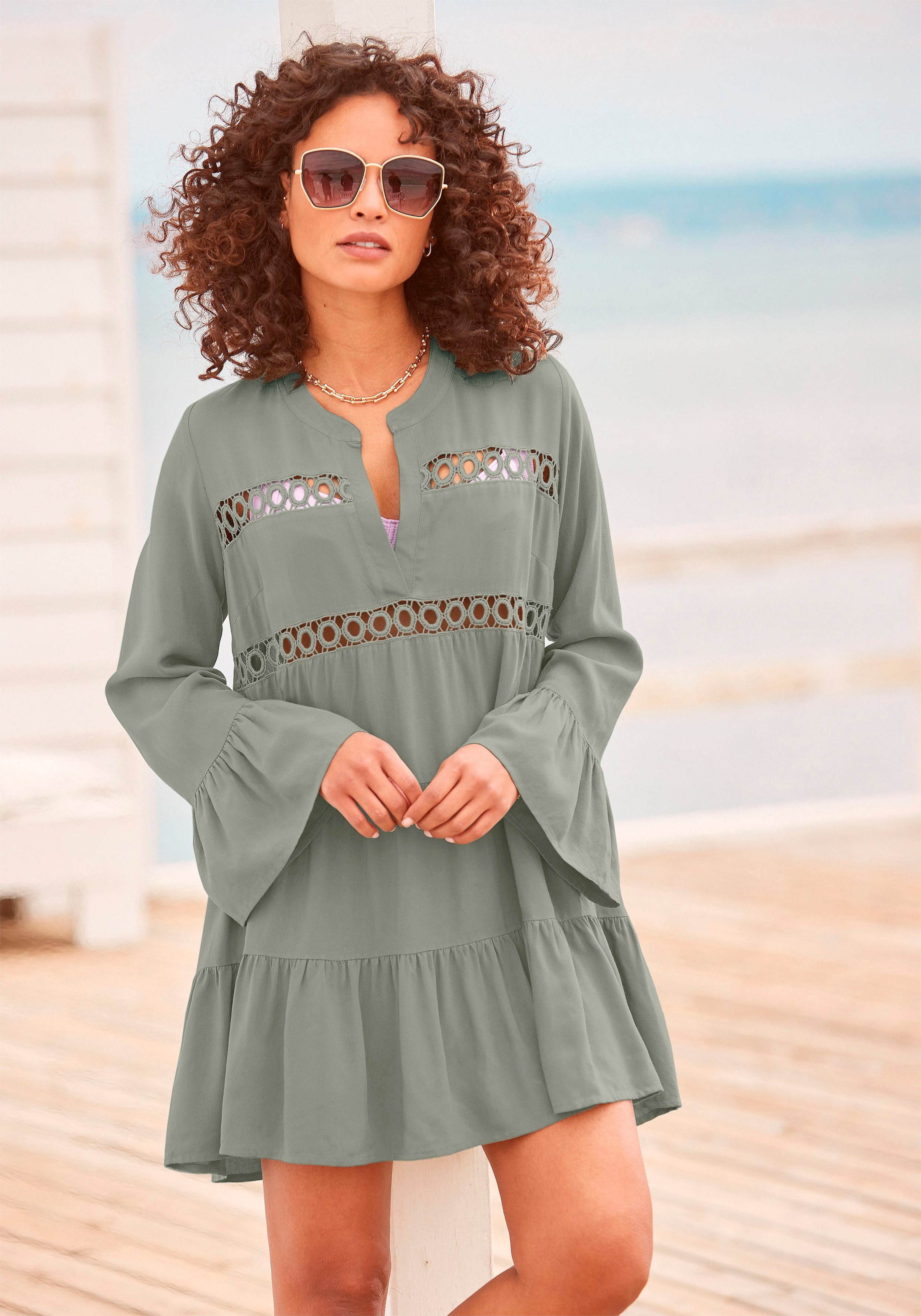 LASCANA Longbluse mit Spitzeneinsätzen, Tunika, Blusenkleid, Strandmode