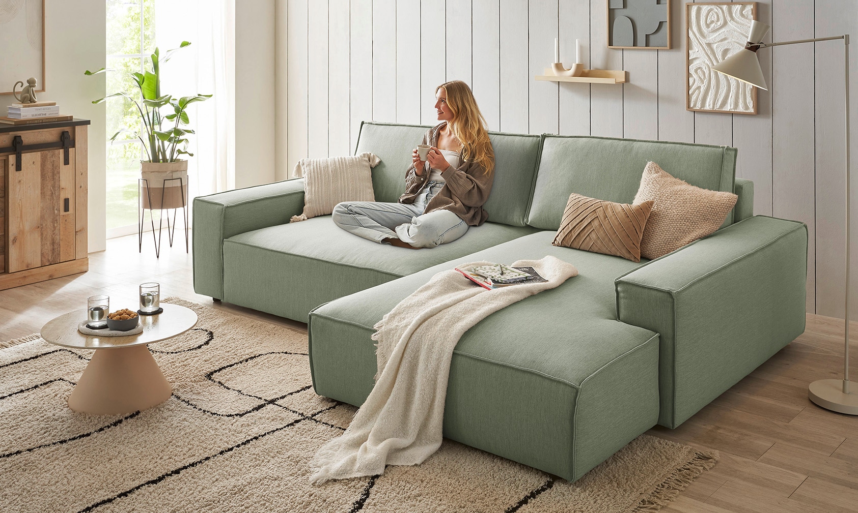 Home affaire Ecksofa »NEU: SHERWOOD XXL 284, Big-Sofa L-Form, tiefe Sitzfläche 95 cm, Cord«, Recamiere rechts/links, als Schlafsofa stellbar, Cord u. Leinenoptik