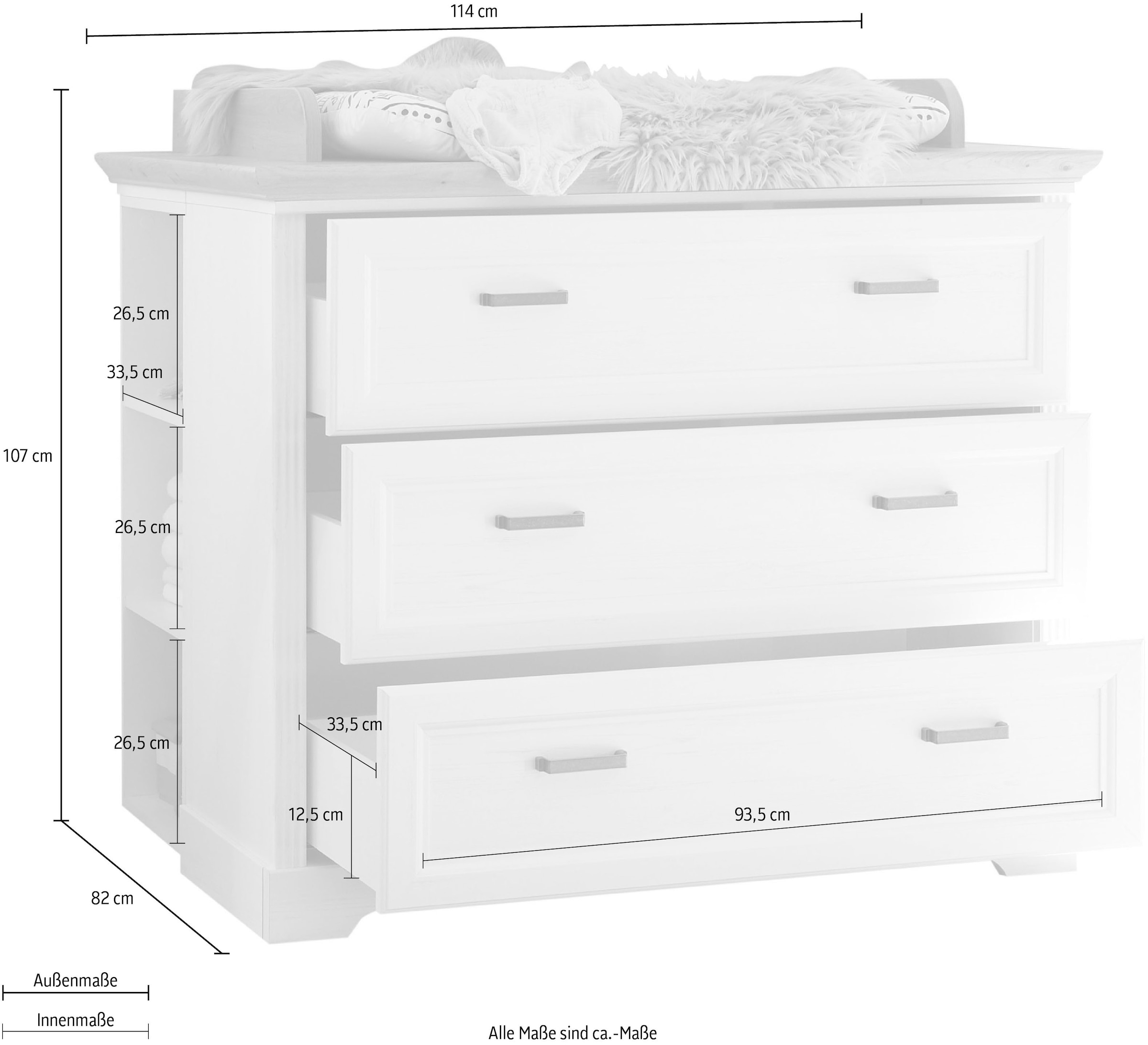 Begabino Wickelkommode »Jasmin Kommode mit Wickelaufsatz«, bis 15 kg, im Landhausstil, Kommode mit 3 Schubkästen, 114 cm