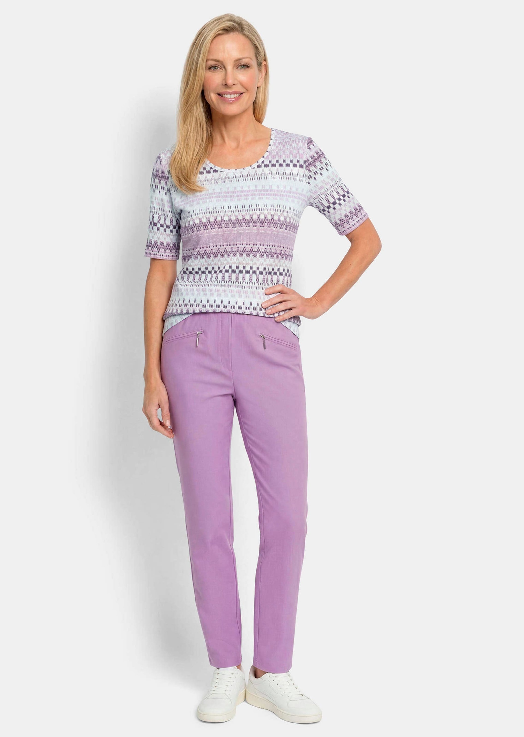 GOLDNER Kurzarmshirt »Jersey-Shirt mit geometrischem All-over-Print« stretchbequemer Viskosejersey