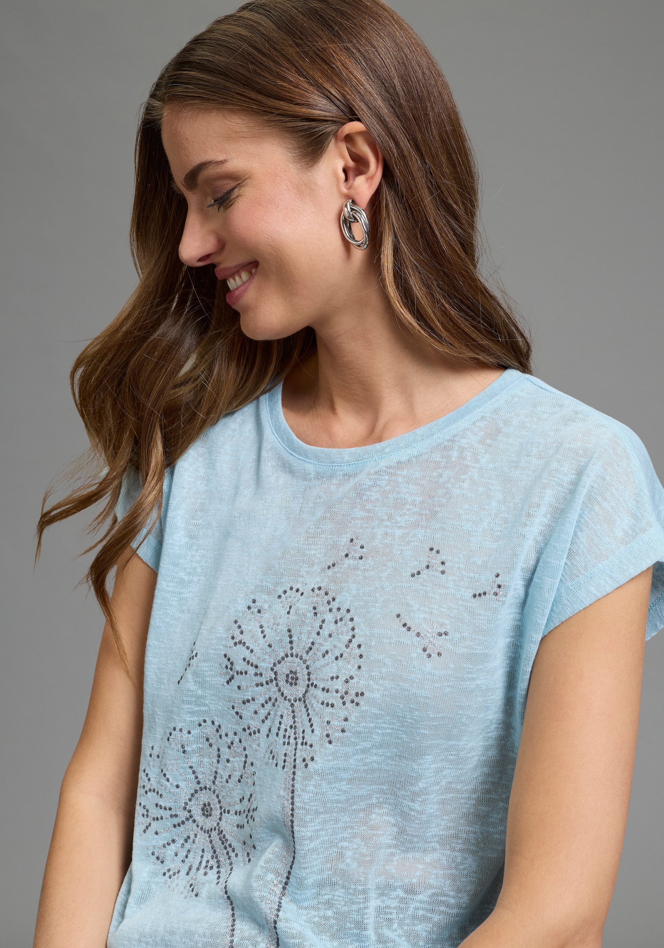 Laura Scott T-Shirt mit Glitzerdurck und Leinen-Optik