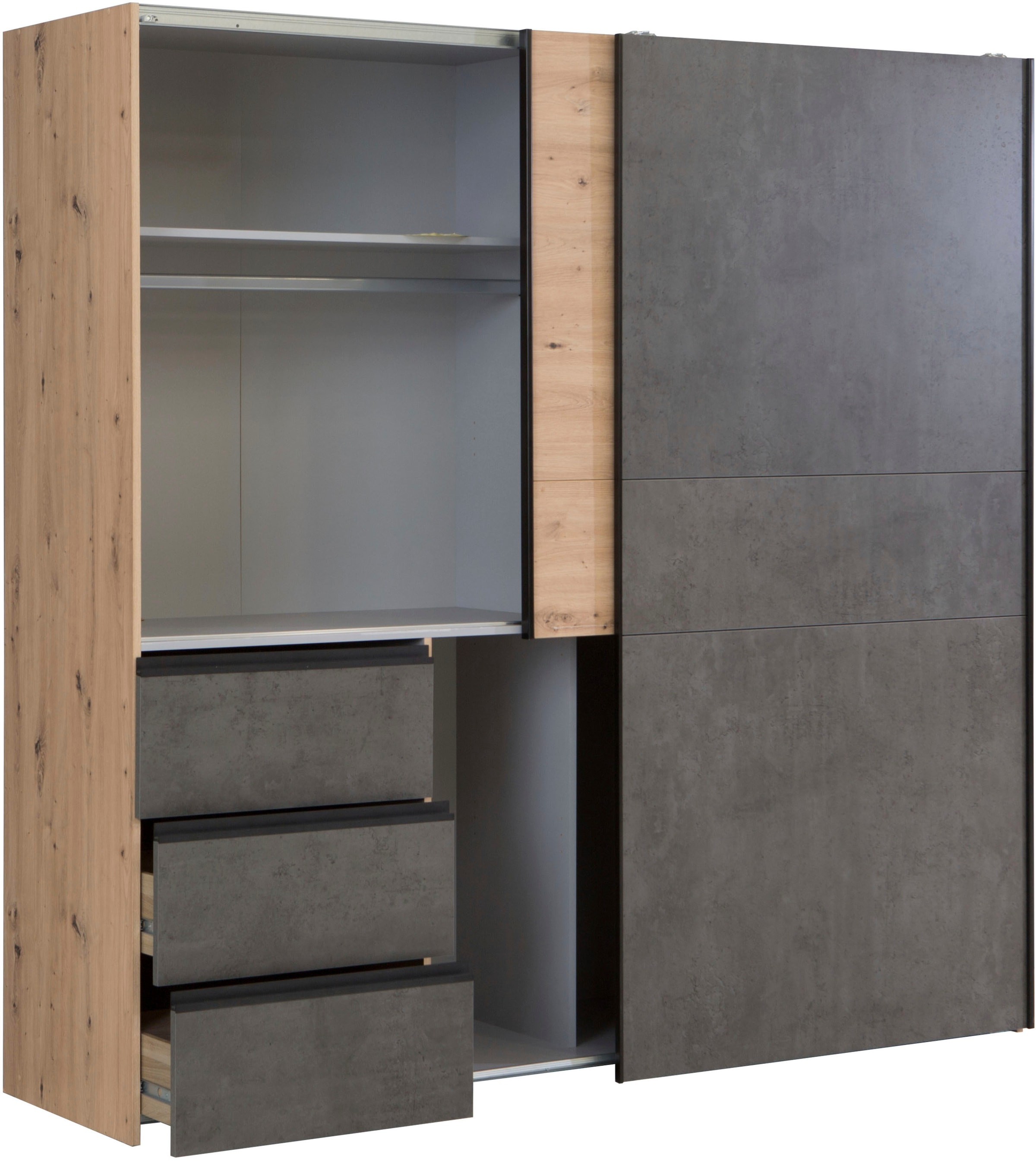 FORTE Schwebetürenschrank »Winn, Schiebetürenschrank mit 3 Schubladen, Made in Europe«, (In 2 Größen erhältlich - B/H/T ca. 170x200,5x61cm und 200x200,5x61cm), verschiedene Größen und Farben, sehr viel Stauraum