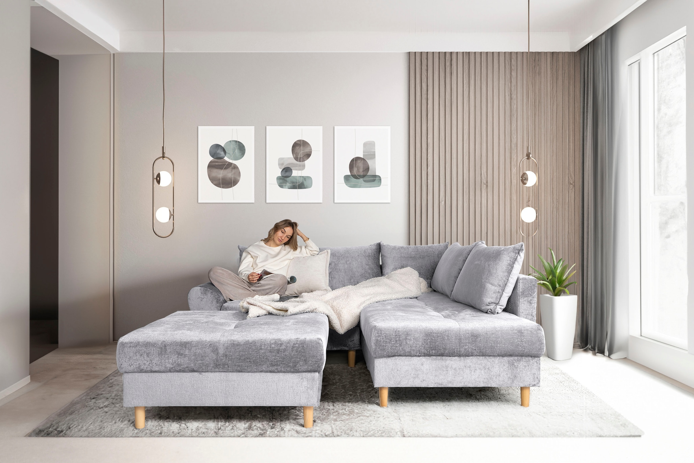 COLLECTION AB Ecksofa »Reims L-Form«, Ottomane beidseitig montierbar, inkl. Bettfunktion und Hocker