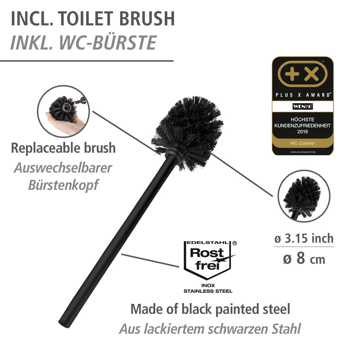 WENKO WC-Garnitur »Rivalta«, aus Stahl-Glas-Polypropylen, schwarz, 3 in 1 Standgarnitur