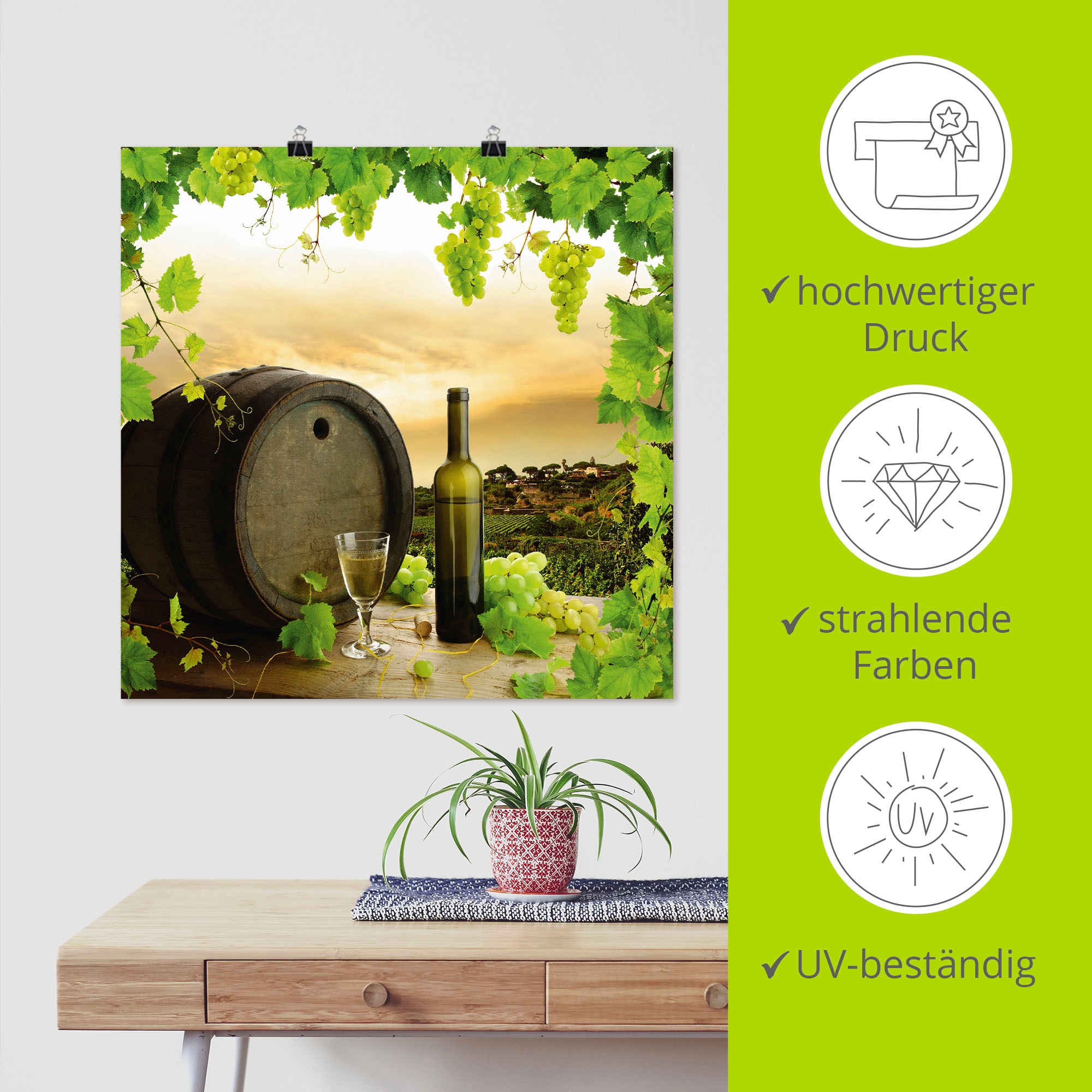 Artland Poster »Wein Trauben Reben Weinberg«, Wein Bilder, (1 St.), als Alubild, Leinwandbild, Wandaufkleber oder Poster in versch. Größen