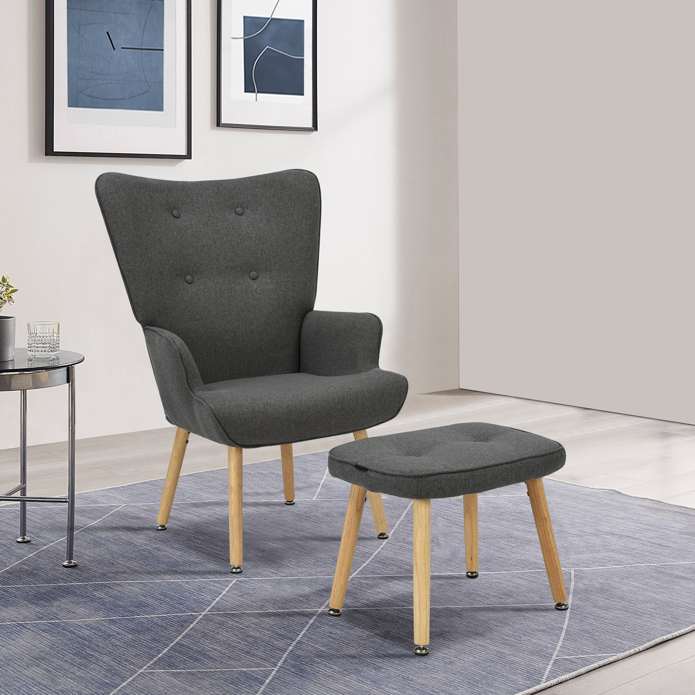 INOSIGN Ohrensessel »PERHAM, Sessel mit Hocker im Set, Knopfheftung, Massivholz-Füße,«, komfortabler Relaxsessel und Sitz-Hocker mit Strukturbezug