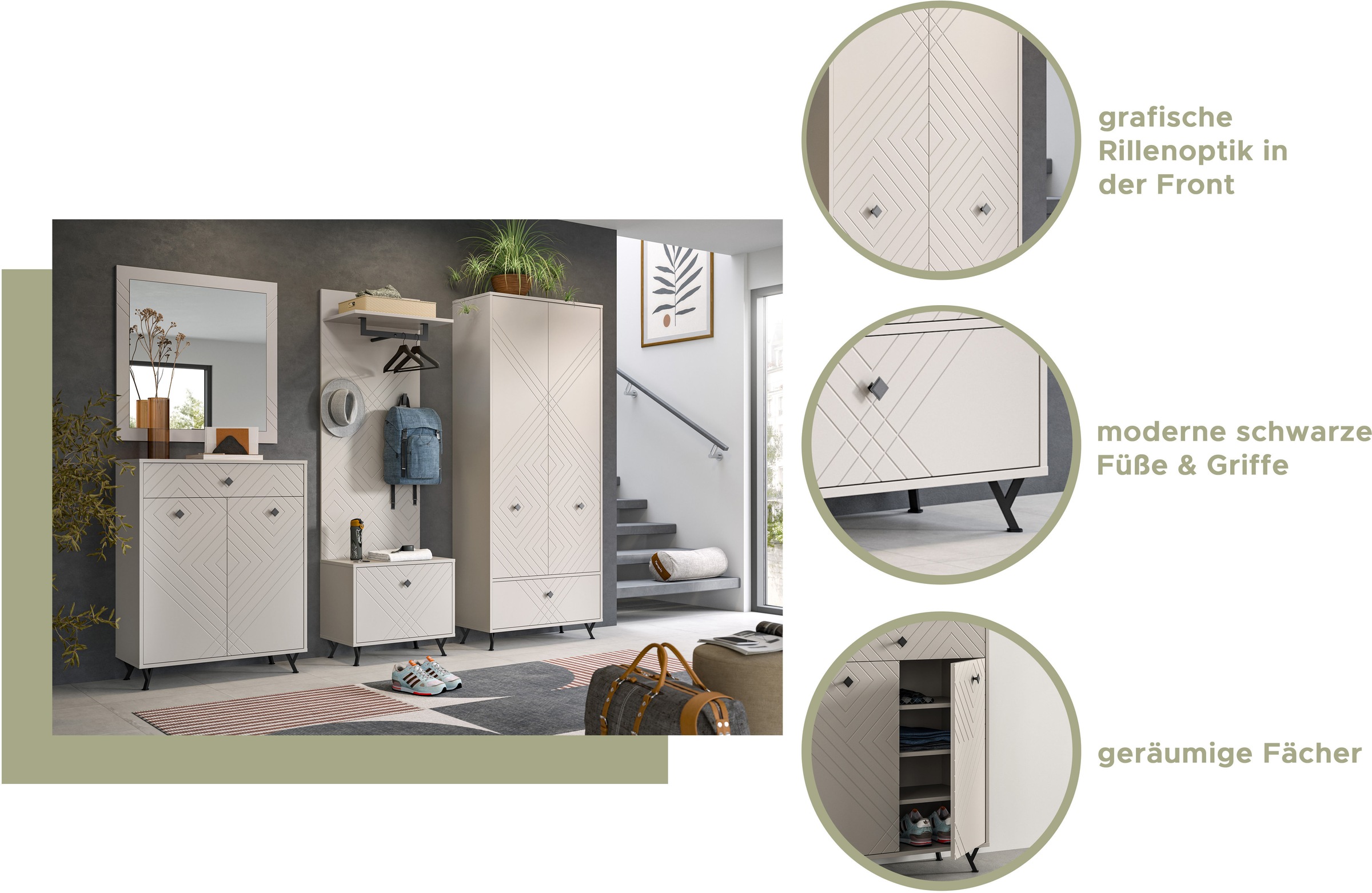 INOSIGN Garderoben-Set »Mento, 2-teilig, Ornamentfräsung in der Front, bestehend aus:«, (Set, 2 St.), Schuhkommode & Spiegel, Metall Knopfgriffe & Y-Füße