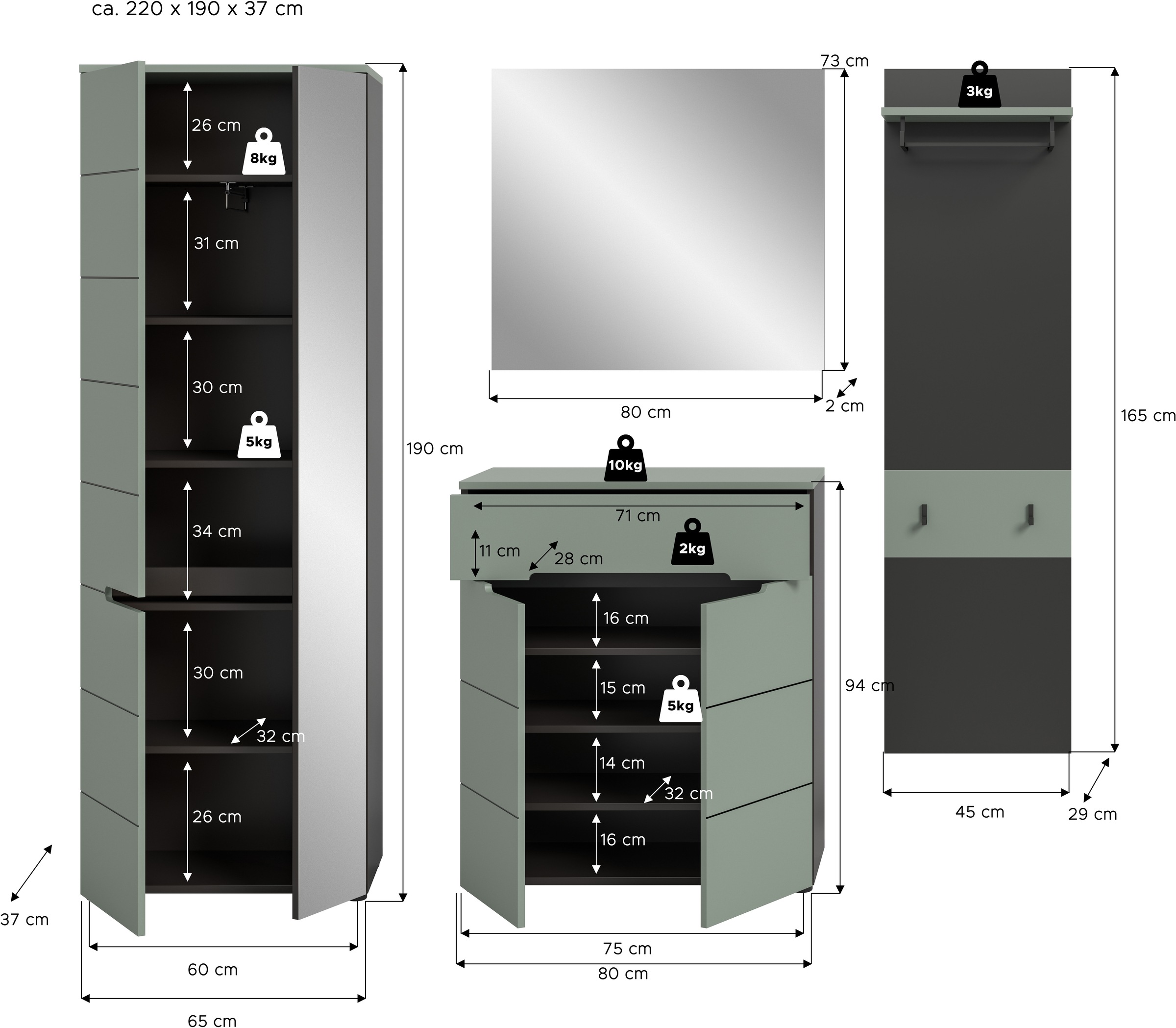 INOSIGN Garderoben-Set »REHAT, TOPSELLER!, 4-teilig, Breite 220 cm, individuell erweiterbar« Set, bestehend aus: Garderobenschrank, Kommode, Spiegel & Garderobenpaneel, 4 Stk. tlg.
