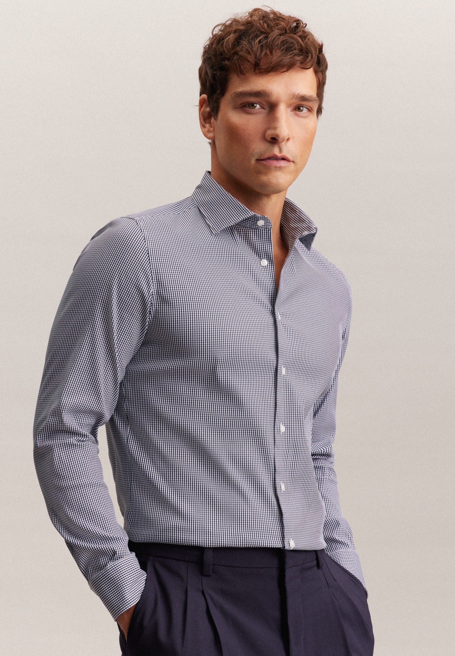 Seidensticker Herren Businesshemd »Slim« Slim Langarm Kentkragen Karo in blau, Größe S (38)