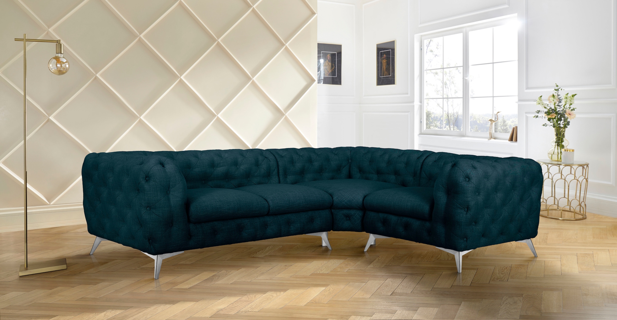 Leonique Chesterfield-Sofa »Ecksofa GLYNIS L-Form mit Wellenunterfederung, Maße B/T/H 264/204/75cm« aufwändige Knopfheftung, moderne Chesterfield Optik, Fußfarbe wählbar