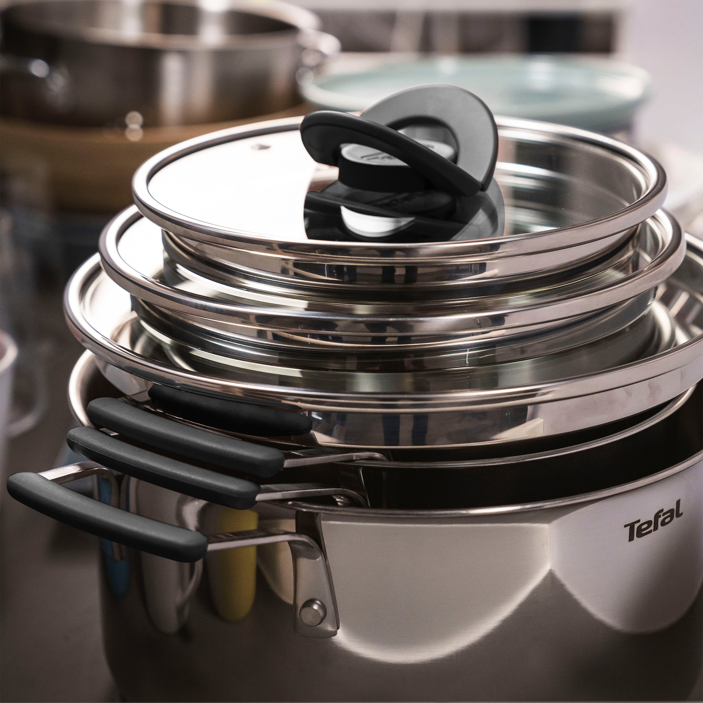 Tefal Topf-Set »G7376S Opti'Space«, Edelstahl, (Set, 6 tlg., Stielkasserolle 16 cm, Kochtopf 20/24 cm, je mit Deckel), Thermo-Fusion-Boden, für alle Herdarten inkl. Induktion