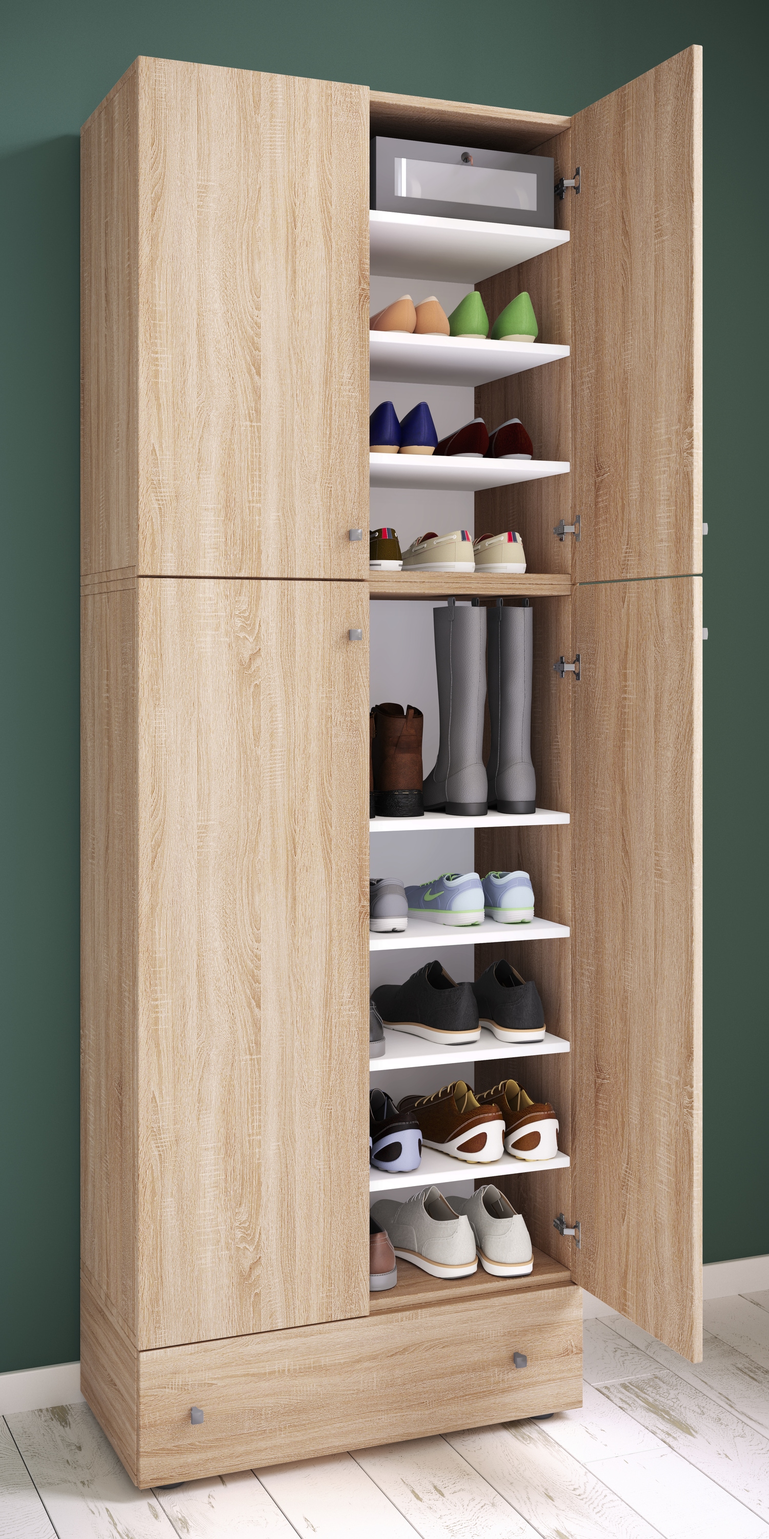 VCM Schuhschrank »VCM Holz-Schuhschrank | Maße: H. 200 x B. 70 x T. 39 cm | Allzweckschrank | 9 Fächer | 4 Drehtüren | extra Schublade ¿ Lona«, (1 St.)