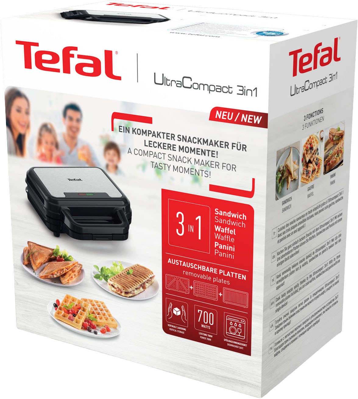 Tefal Sandwichmaker »Ultracompact 3-in-1 Sandwich/Waffel/Panini, Antihaftbeschichtung«, 700 W, platzsparende Aufbewahrung, Maße: 23 x 23 x 9 cm, SW383D