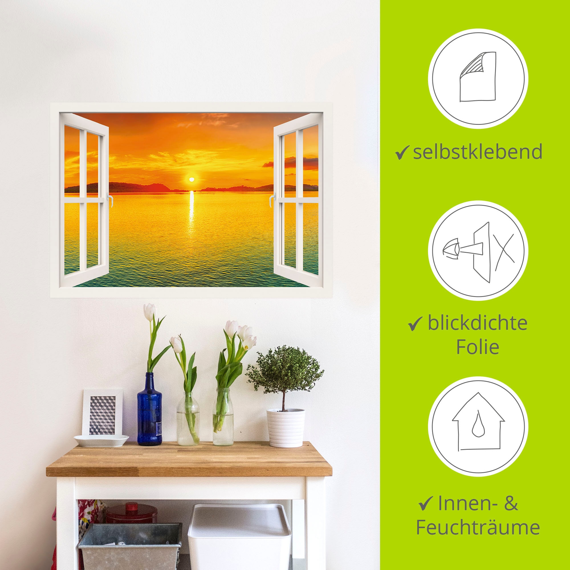 Artland Wandbild »Fensterblick - Sonnenuntergangspanorama«, Fensterblick, (1 St.), als Leinwandbild, Wandaufkleber in verschied. Größen