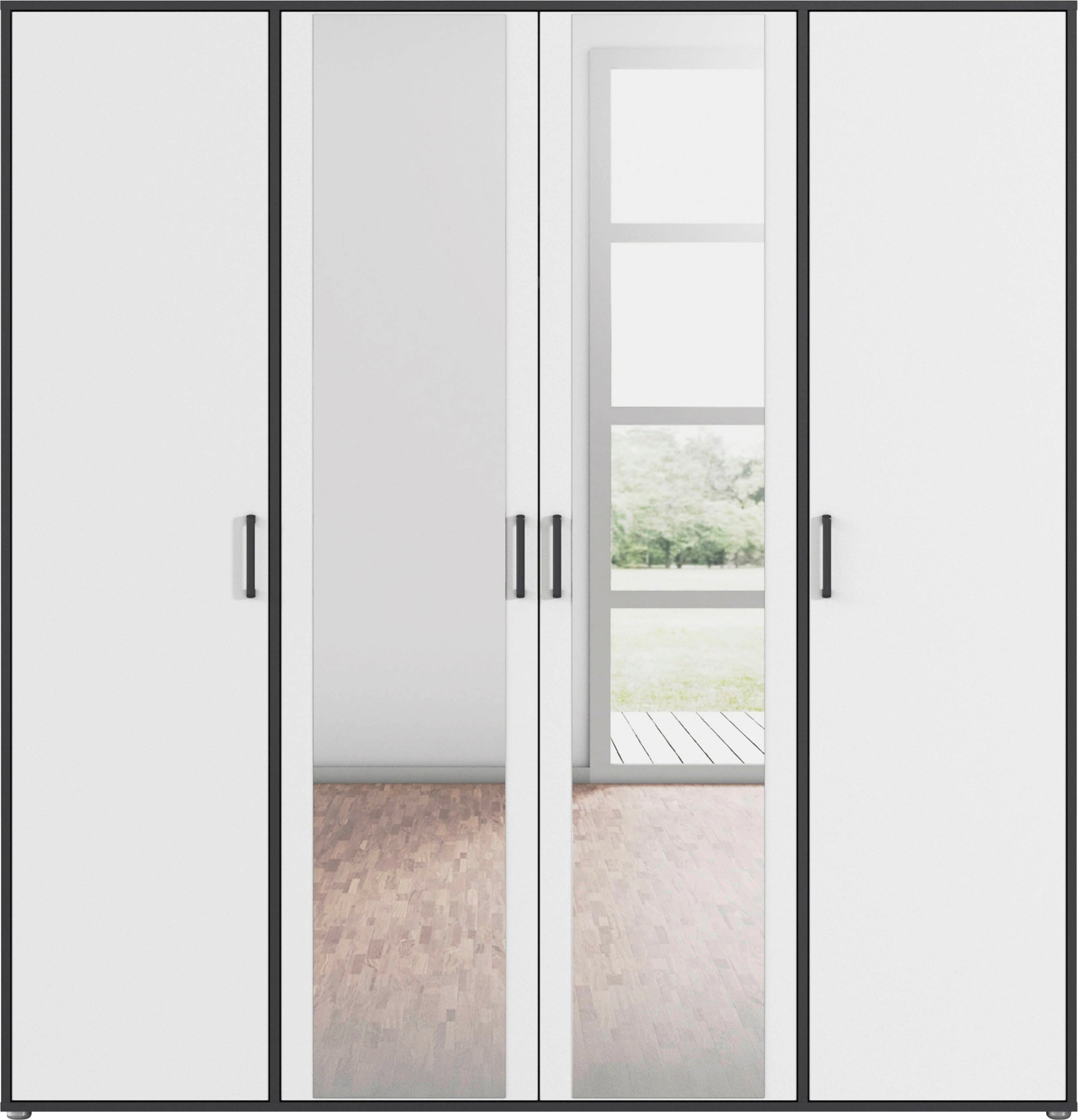rauch Drehtürenschrank »Kleiderschrank Schrank Garderobe Wäscheschrank VOYAGER« in 3 verschiedenen Ausstattungen BASIC/CLASSIC/PREMIUM,  mit modernen Griffen in Graumetallic und Spiegel