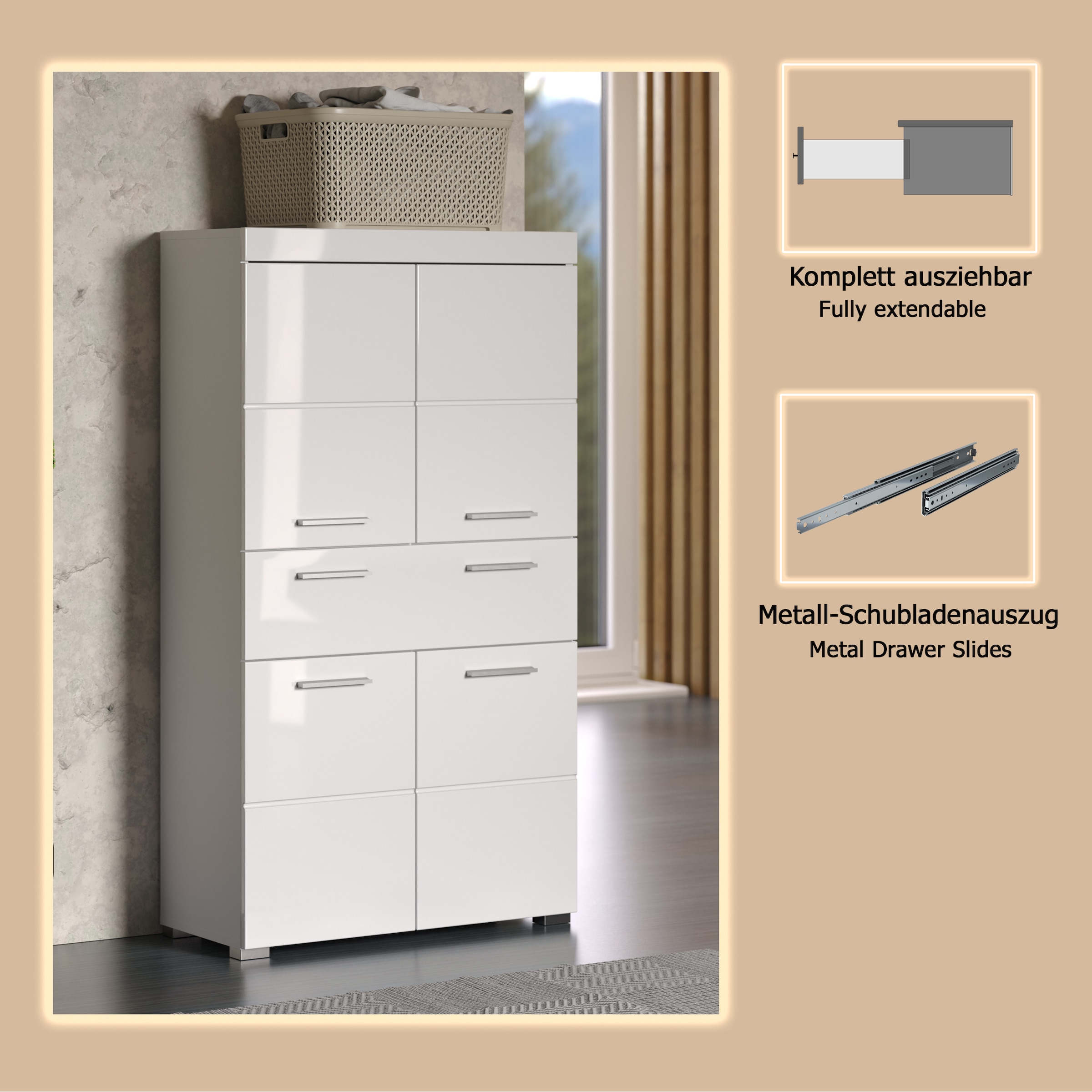 welltime Midischrank »Avena« Standschrank mit 4 Türen, 1 Schublade - (B/T/H) 73/31/130 cm