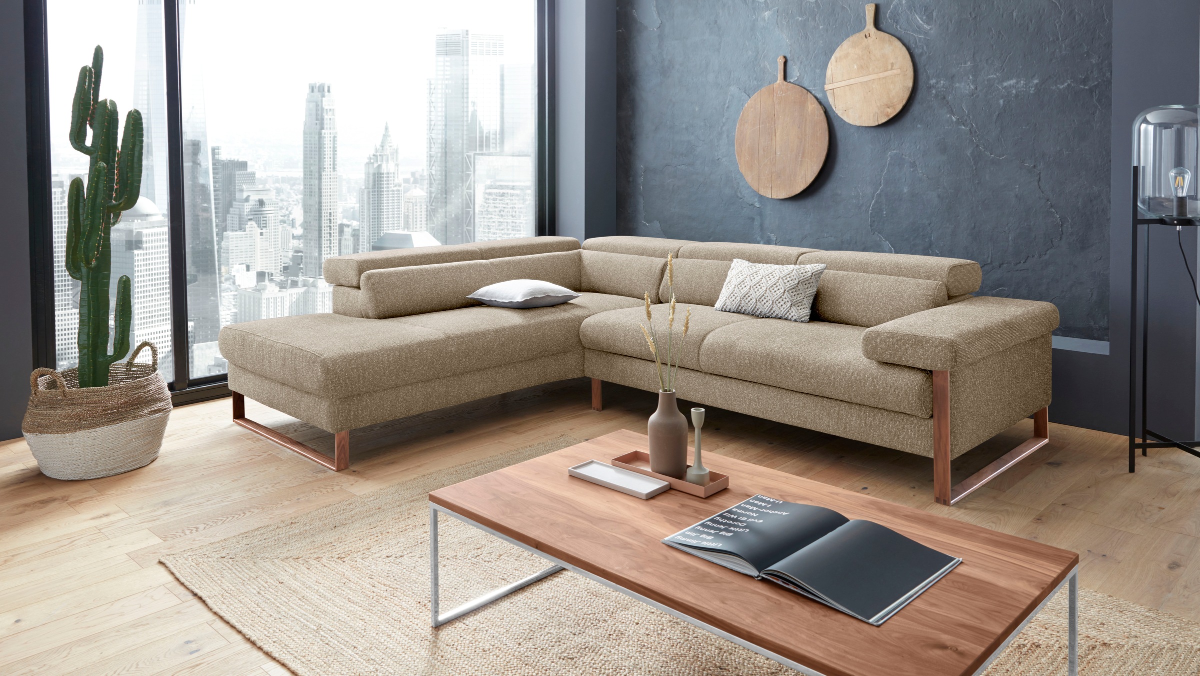 W.SCHILLIG Ecksofa »finn, Designsofa mit tollem Sitzkomfort, bequem, L-Form«, German Design Award 2016, Fußgestell Nussbaum natur, Breite 281 cm