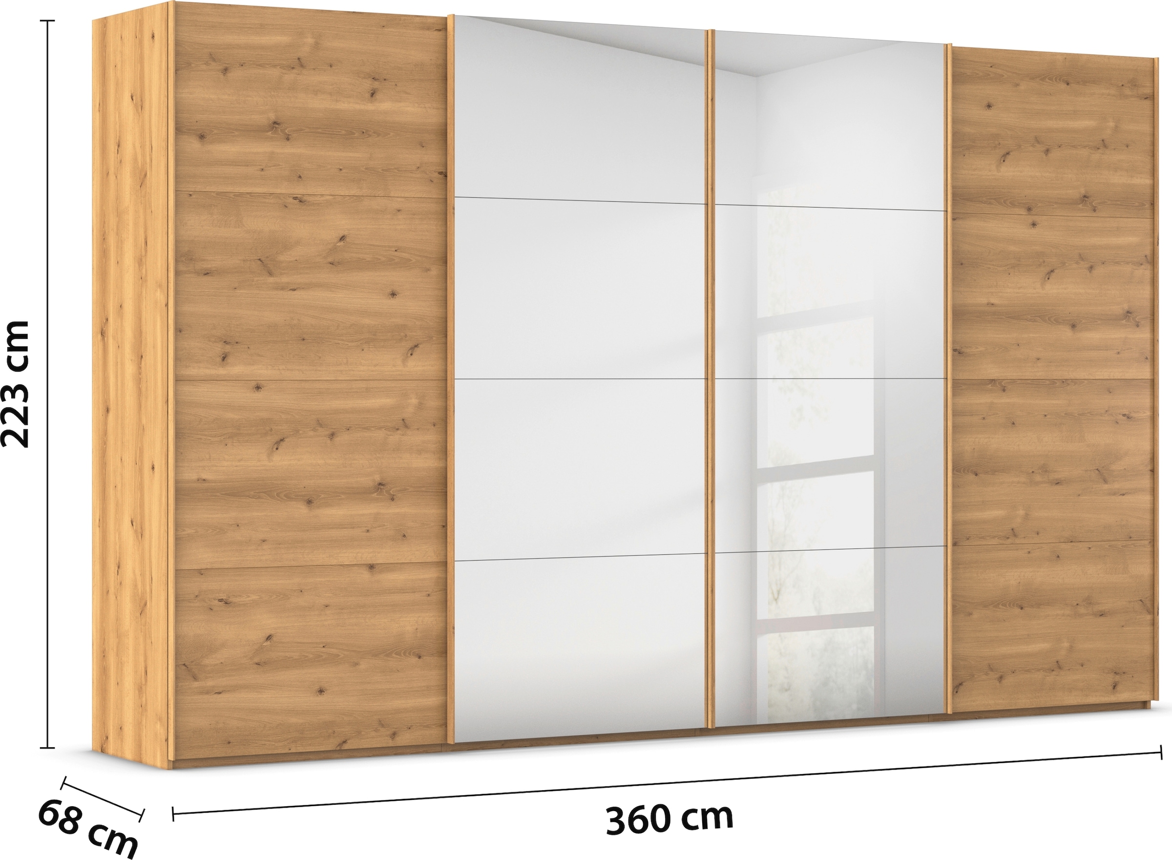 rauch Schwebetürenschrank »Kleiderschrank Schrank Garderobe Schlafzimmerschrank SCALE-FYRA«, edle viergeteilte Türen mit Spiegel und vielen Farben MADE IN GERMANY