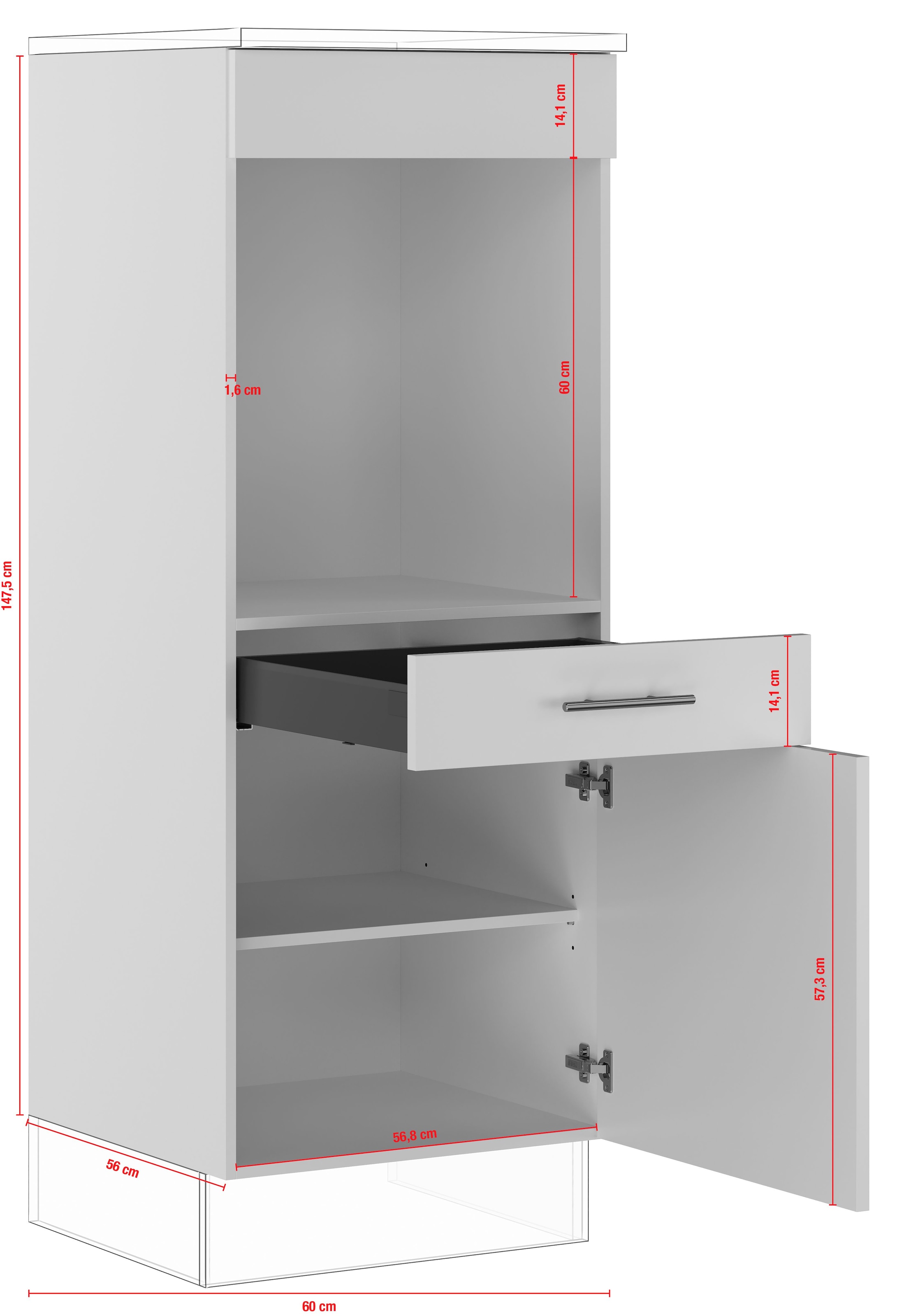 IMPULS KÜCHEN Backofenumbauschrank »"Turin", Breite/Höhe: 60/147,5 cm, mit Soft-Close«, vormontiert, mit Drehtür, mit Schubkasten, mit verstellbarem Fachboden