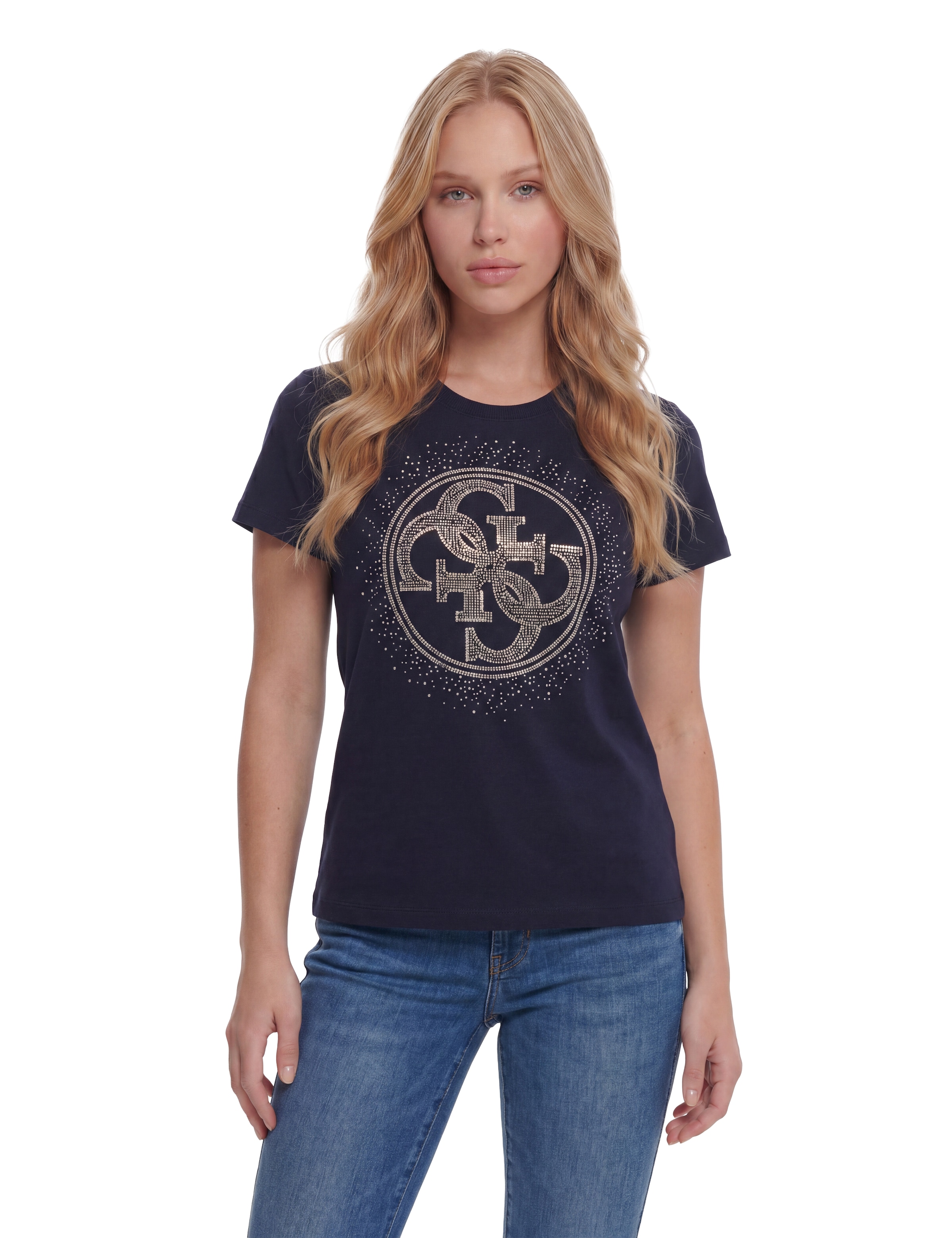 Guess T-Shirt »CN 4G ROUND CRYSTALS LOGO« mit markantem Logodesign, Regular Fit