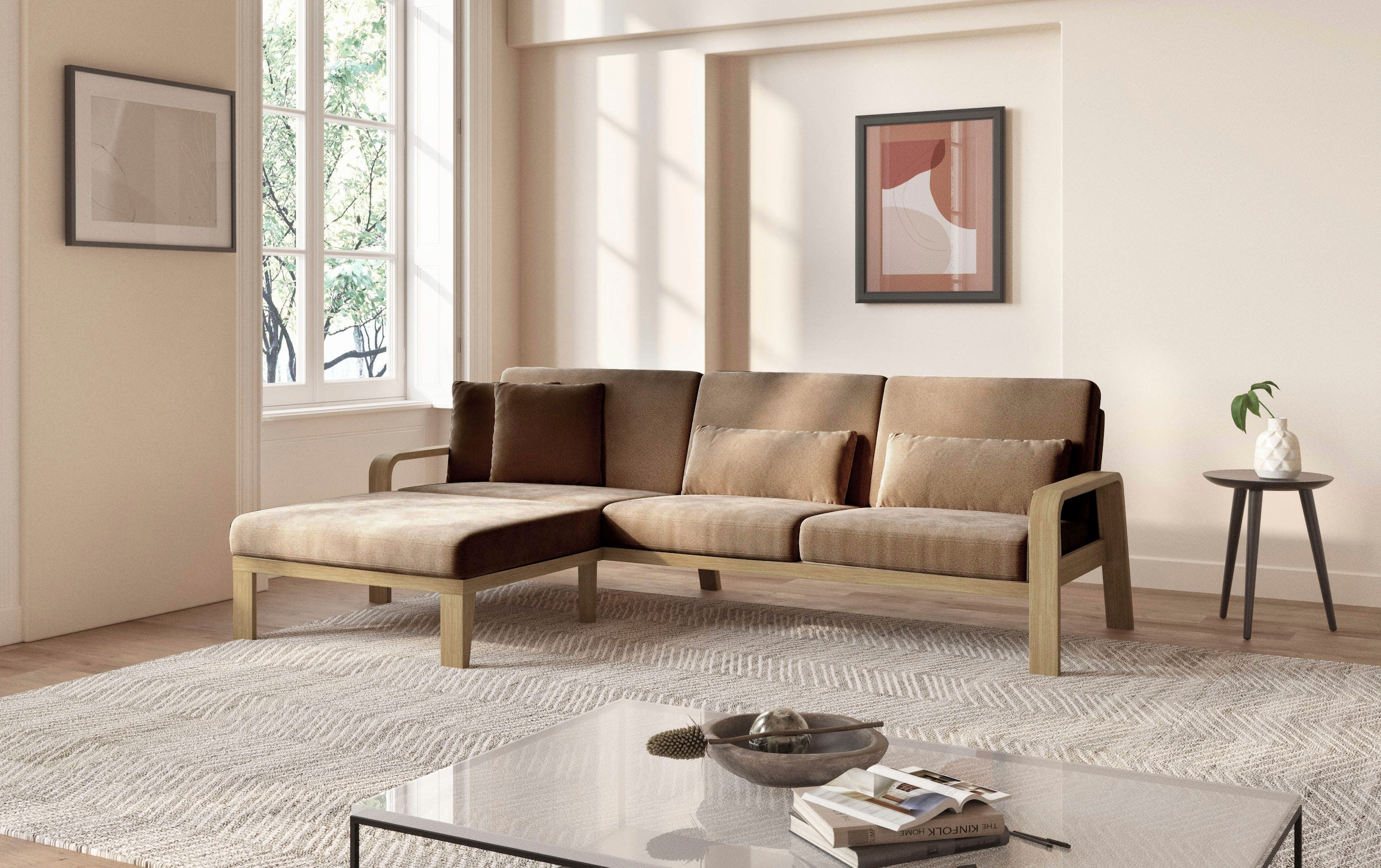 sit&more Ecksofa »Kolding L-Form« Armlehnen aus Buchenholz in natur, verschiedene Bezüge und Farben