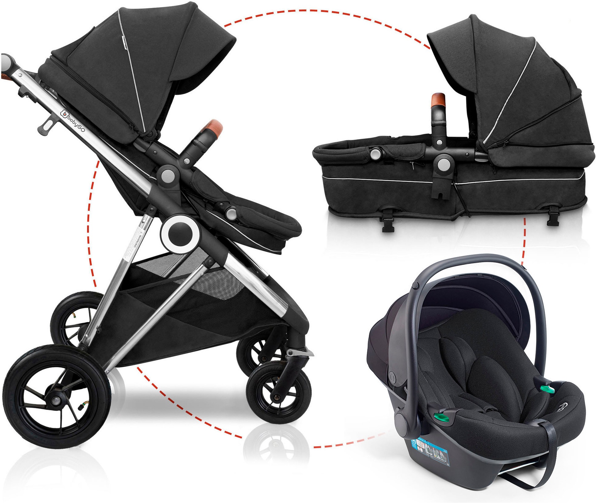 BabyGo Kombi-Kinderwagen »Halime AIR 3in1«, mit Luftreifen, inkl. Babywanne, Babyschale, Regenhaube & Wickeltasche