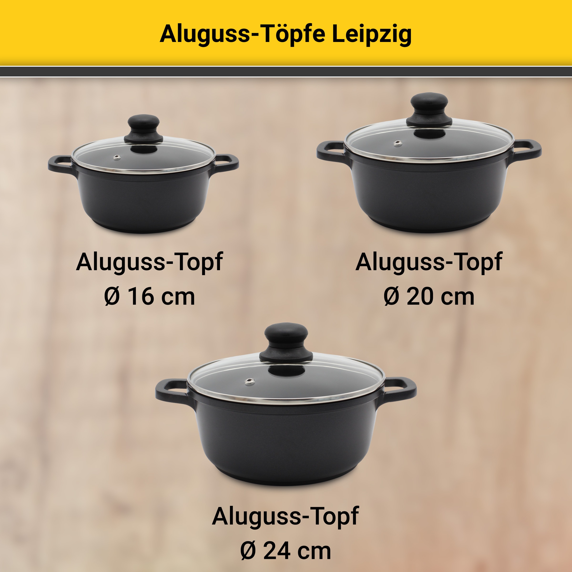 Krüger Topf-Set »Aluguss Topf-/Pfannenset LEIPZIG inkl. Küchenhelfern, 13 tlg.«, Aluminiumguss, (Set, 13 tlg., Fleischtopf 16+20 cm, Pfanne flach 20+28 cm, 7 tlg. Küchenhelferset), inkl. 7-tlg. Küchenhelfer-Set