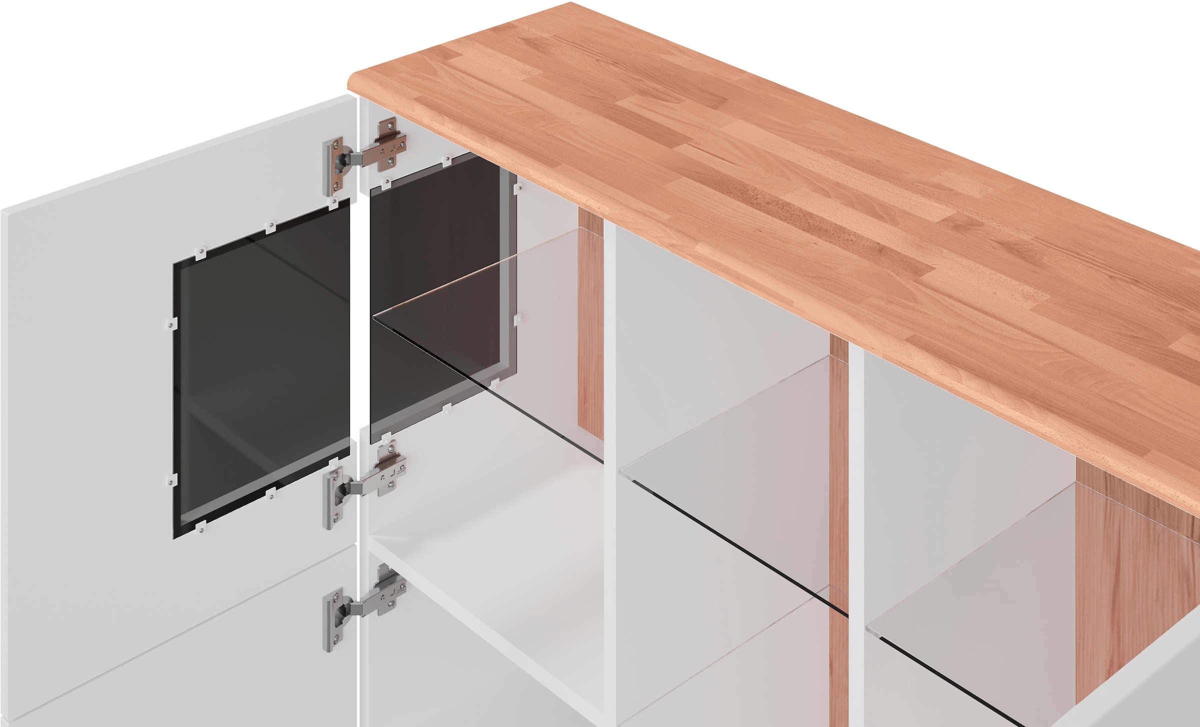 Home affaire Highboard »Ribe,120cm breit,112cm hoch,Oberplatte massiv,12 Fächer«, Oberplatte Massivholz,schwarze Metall Griffe,2 Türen mit Glaseinsatz