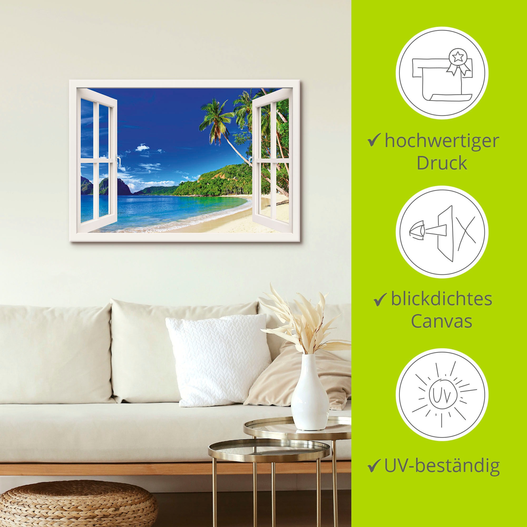 Artland Wandbild »Fensterblick Paradies«, Fensterblick, (1 St.), als Alubild, Outdoorbild, Leinwandbild, Poster, Wandaufkleber