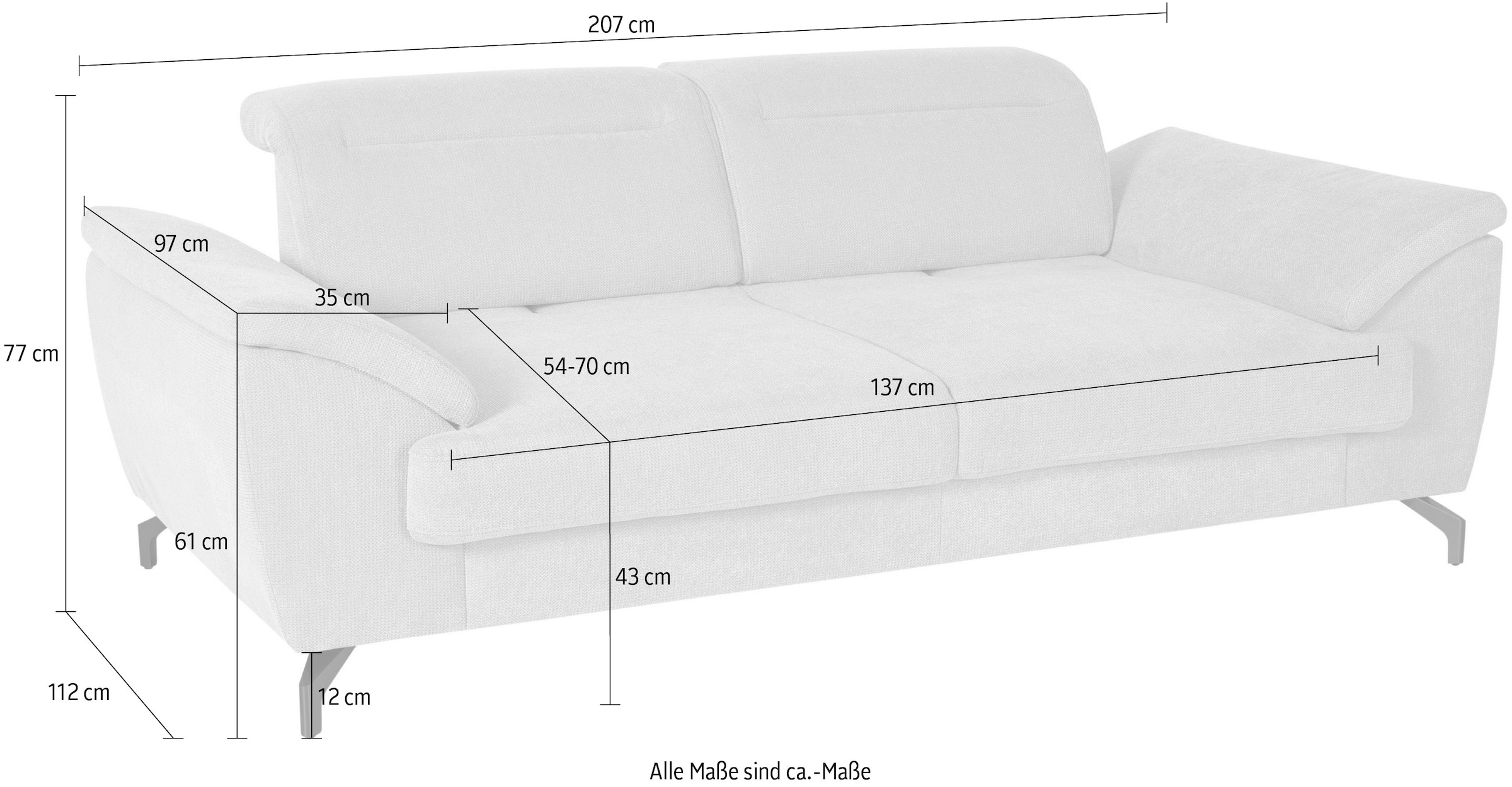 sit&more 2,5-Sitzer »Percy« 12 cm Fußhöhe, Sitztiefenverstellung, wahlweise Kopfteilverstellung