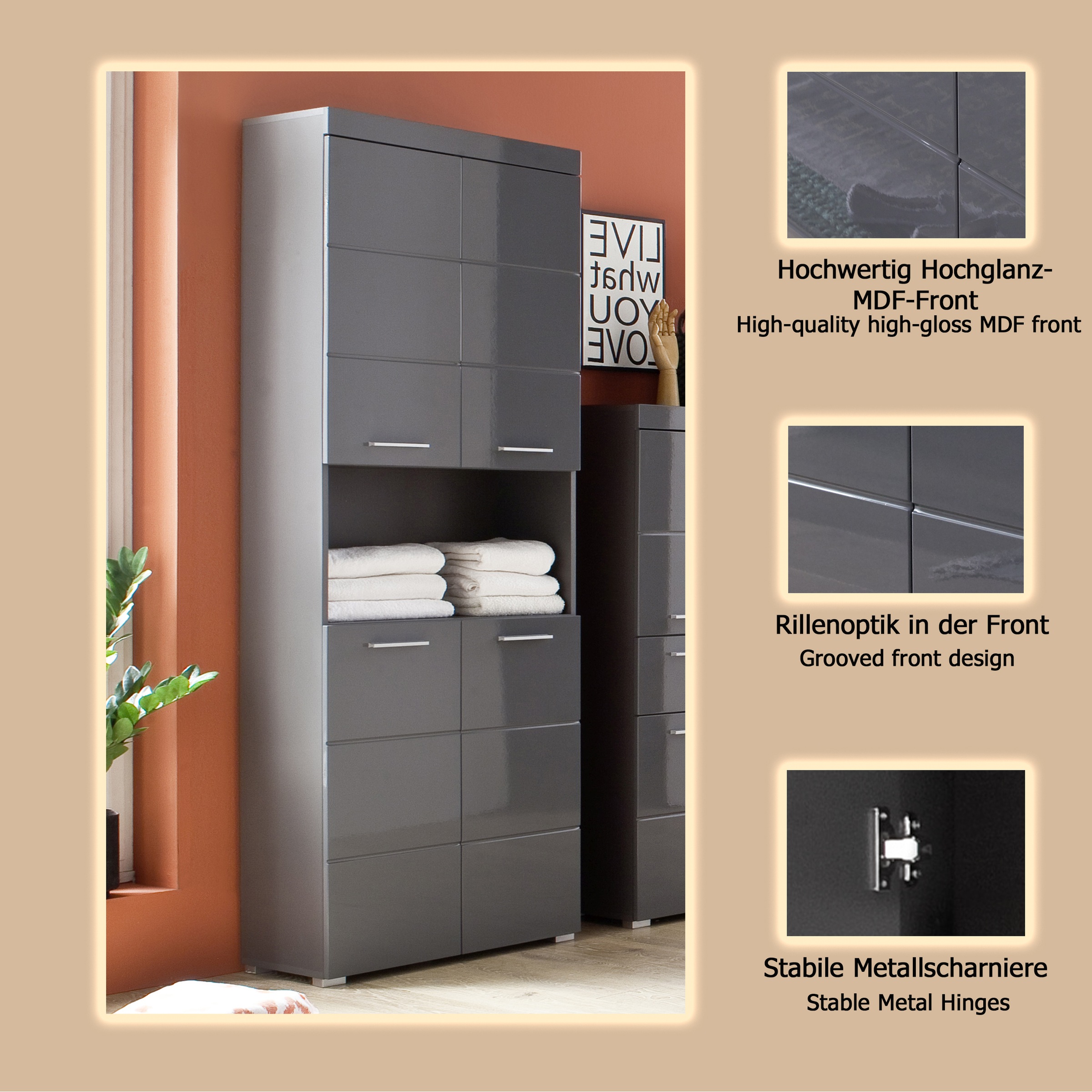 welltime Hochschrank »Avena« Badschrank 4-türig mit o. Fach und 4 Einlegeböden - B/T/H 73/31/190 cm