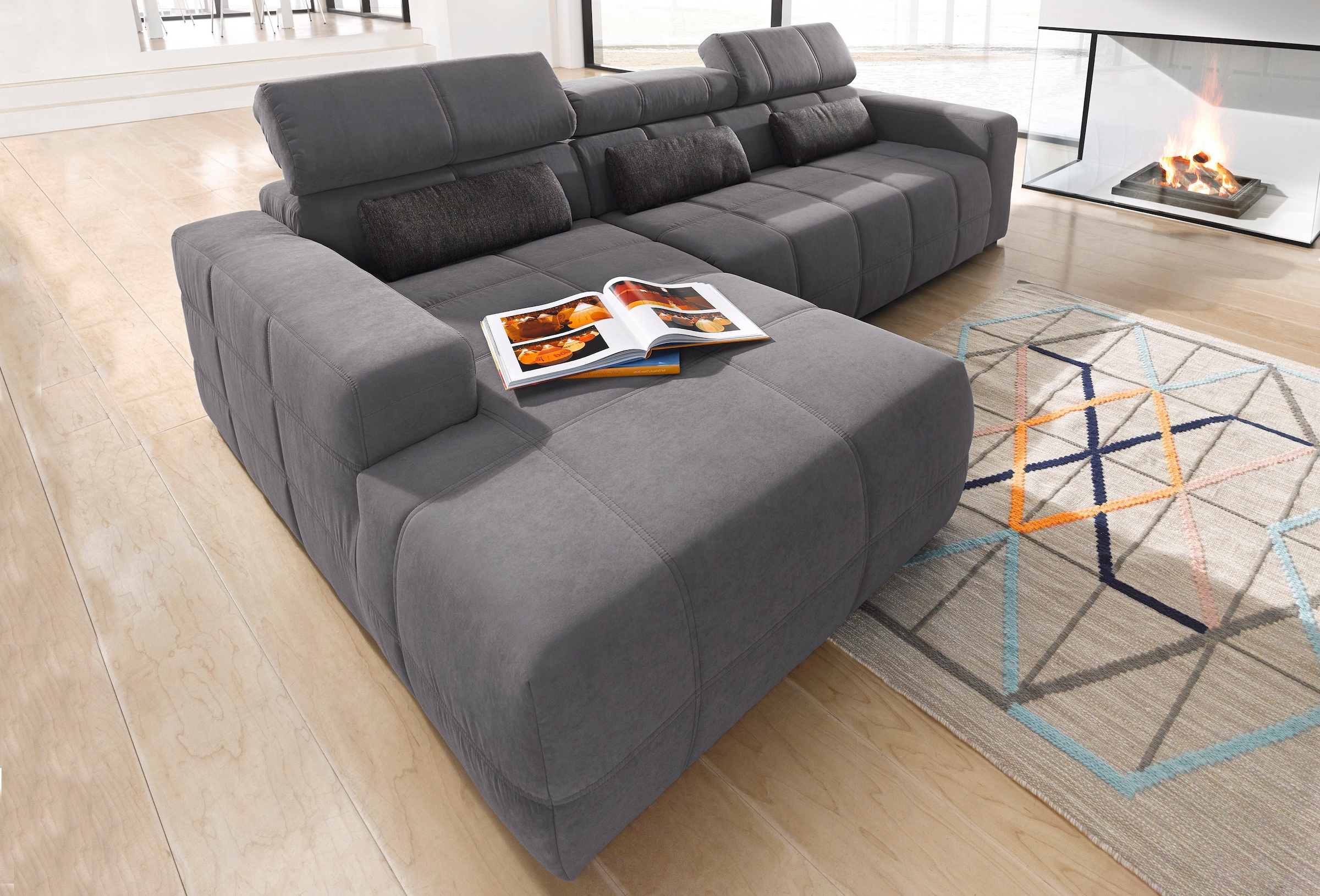 DOMO collection Ecksofa »Brandon B/T/H: 289/177/80 cm, whlw. mit Sitztiefenverstellung, L-Form«, mit Sitztiefenverstellung, Luxus-Microfaser, dunkelgrau