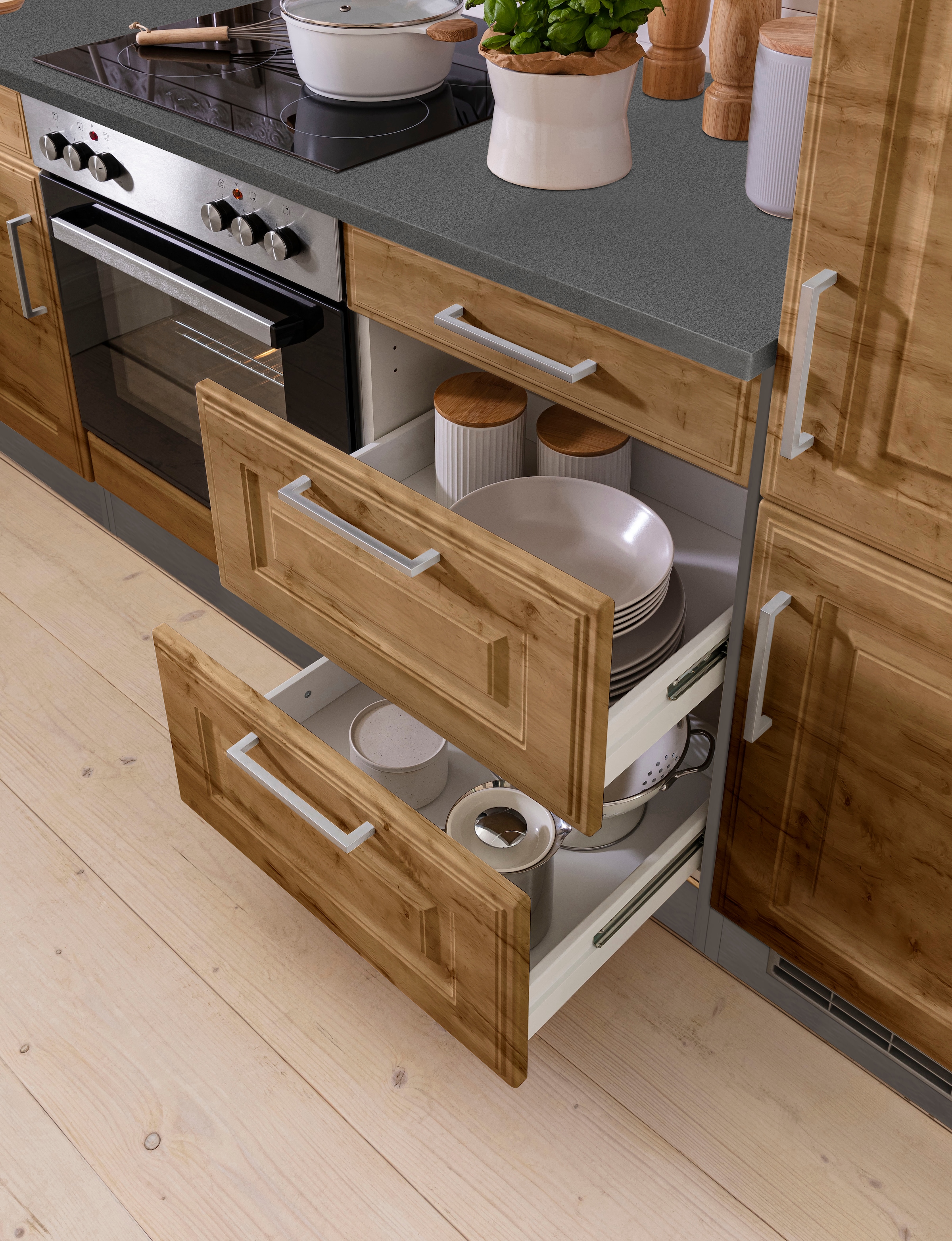 KOCHSTATION Winkelküche »KS-Stockholm«, Stellbreite 220/310 cm, mit hochwertigen MDF Fronten im Landhaus-Stil