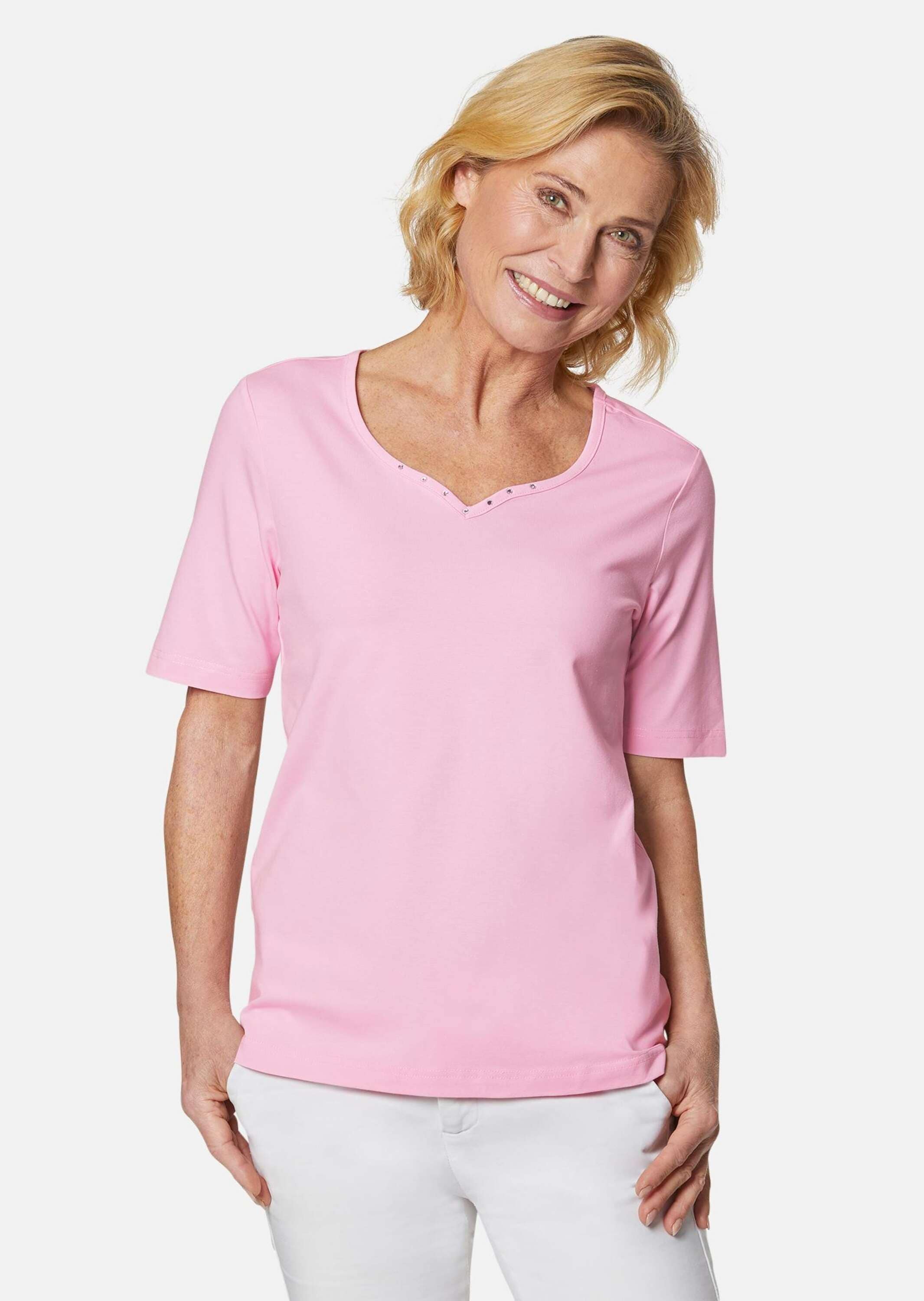 GOLDNER Langarm-Poloshirt »T-Shirt mit charmantem Ausschnitt und Schmucksteinchen«