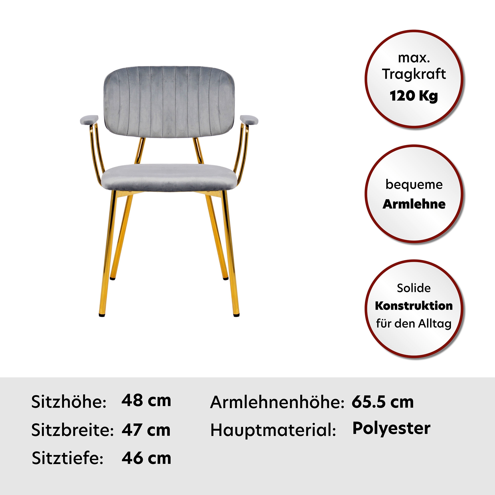 Kayoom Polsterstuhl »Stuhl Giselle 225 2er-Set, Gestell aus Edelstahl« (Set) 2 Stk.mit Armlehnen, goldenes Gestell aus Edelstahl, Samtbezug, Ziernähte