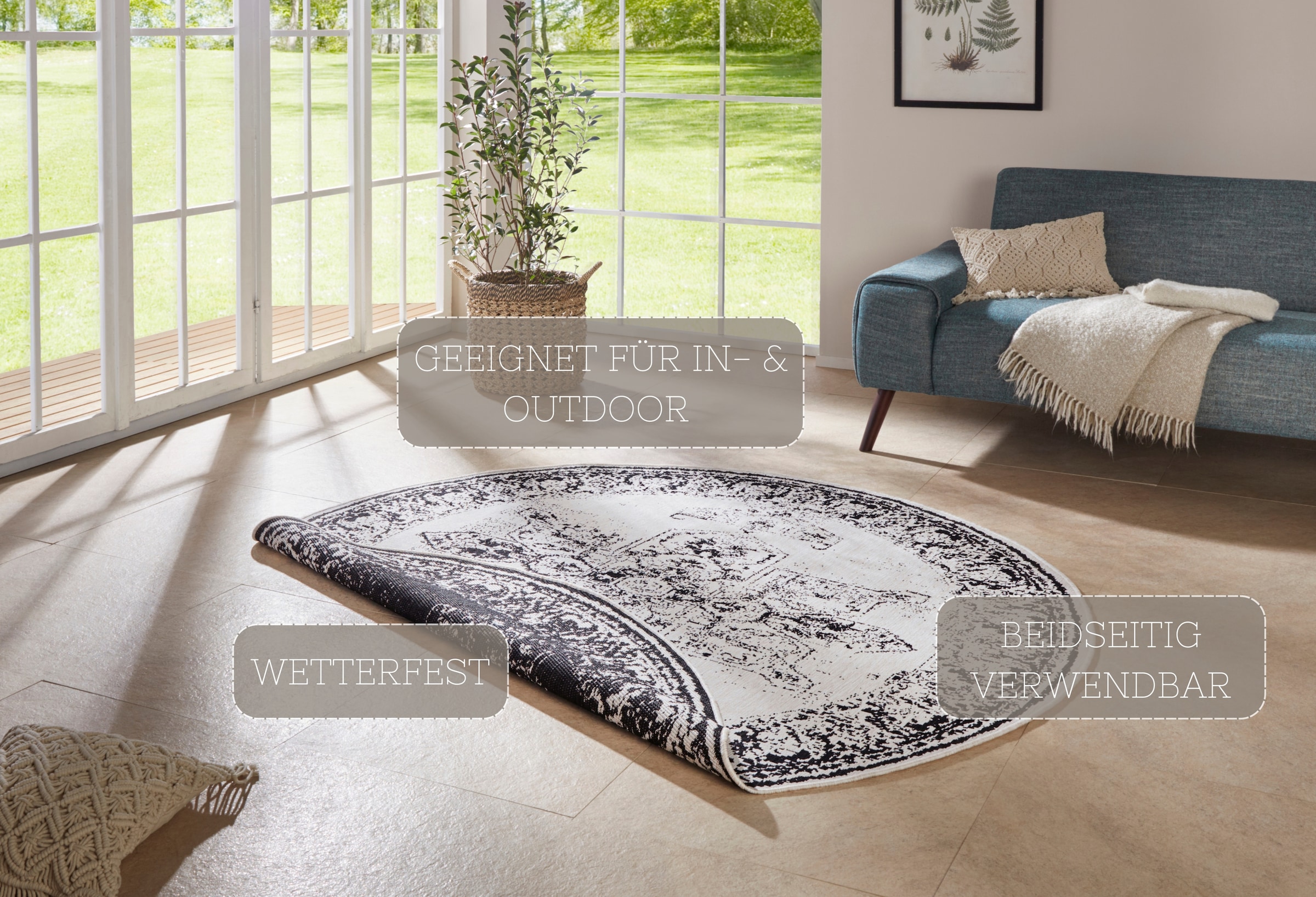 HANSE Home Teppich »Borbon Wendeteppich«, rund, 5 mm Höhe, In-& Outdoor, Wetterfest, Balkon, Garten, Wohnzimmer, Wasserfest