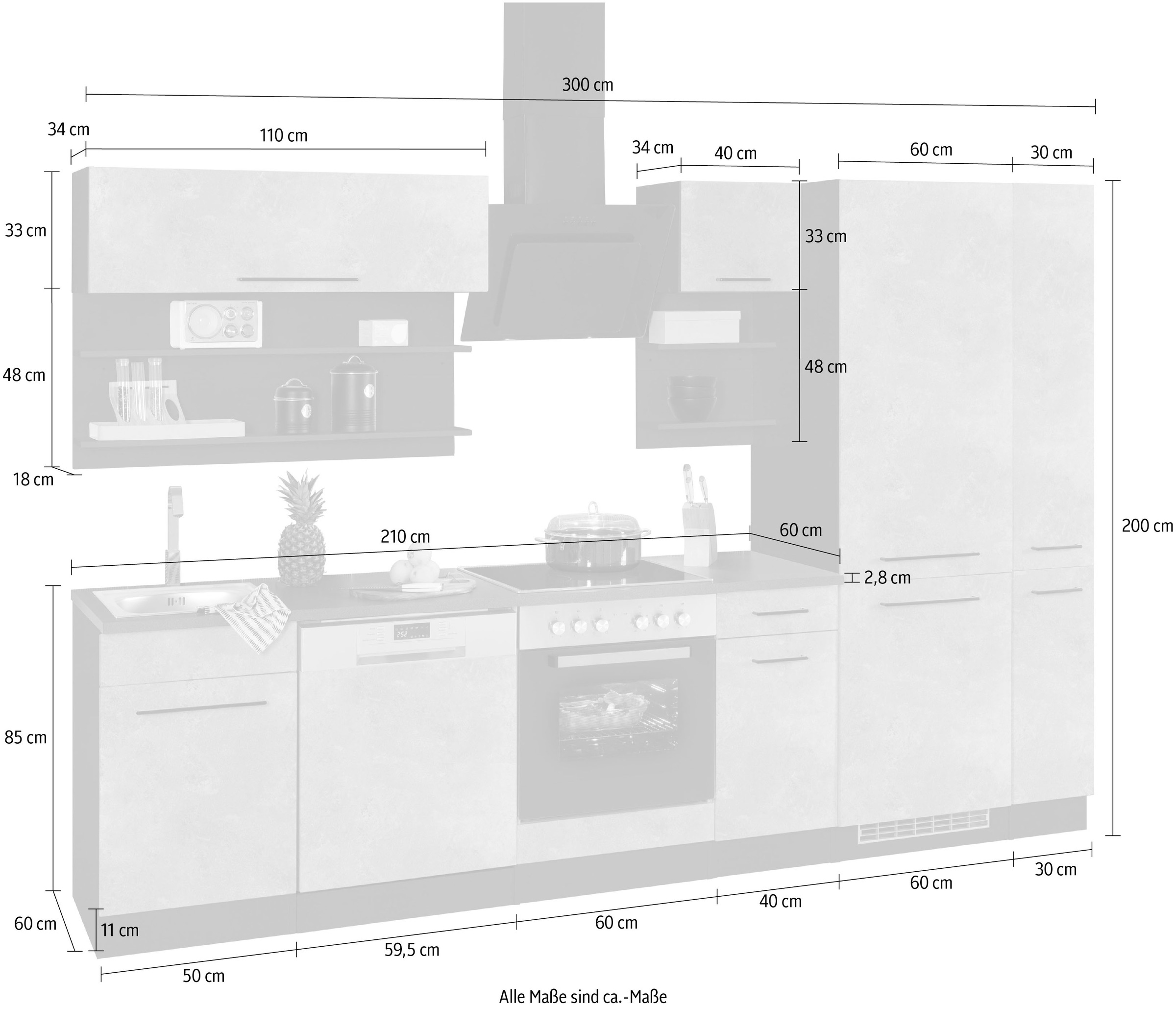 KOCHSTATION Küchenzeile »KS-Tulsa«, ohne E-Geräte, Breite 300 cm, schwarze Metallgriffe, MDF Fronten