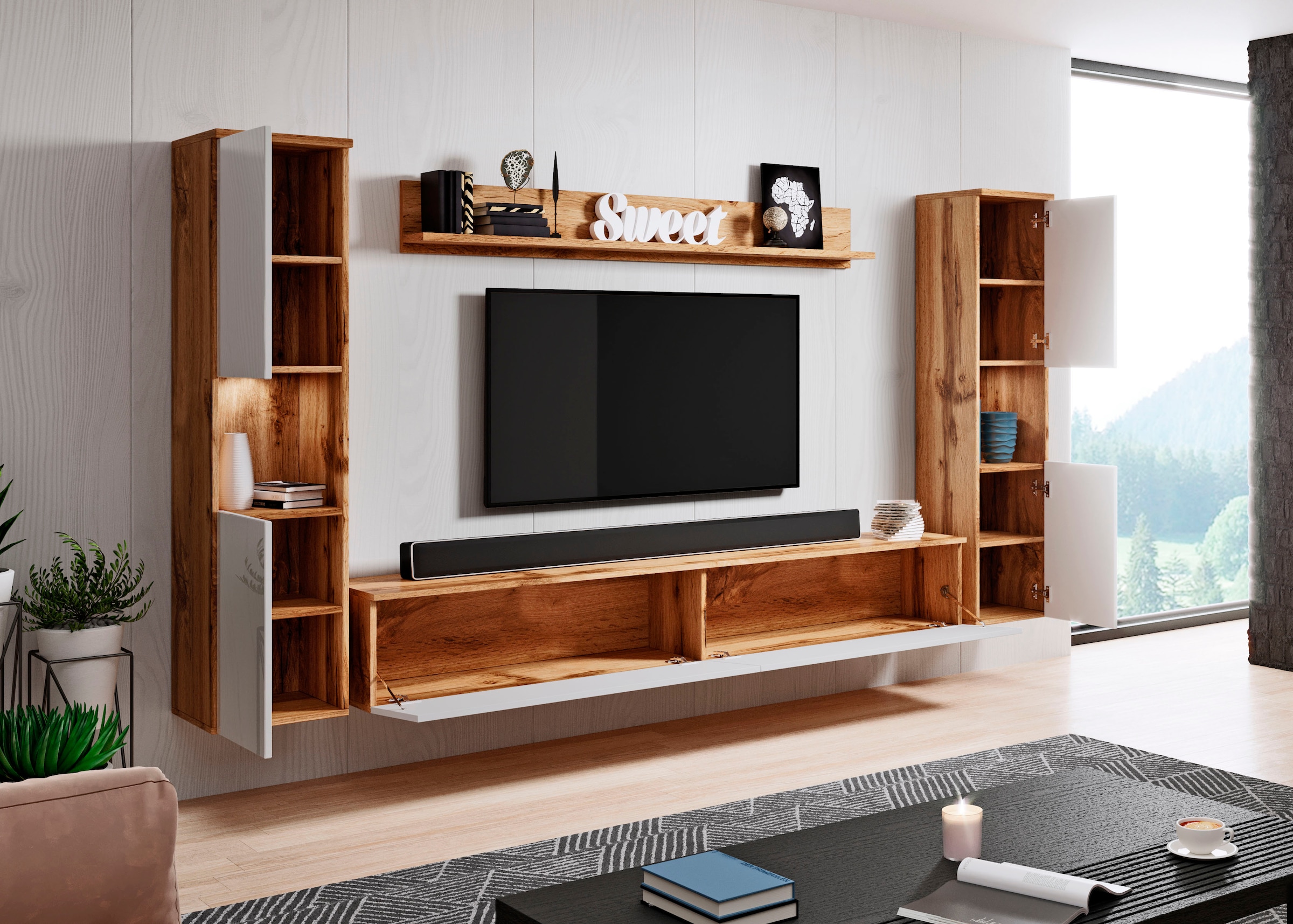 INOSIGN Wohnwand »PARIS«, (Komplett-Set, 4 St.), TV-Wand 260cm breite, grifflose Design, stehend und hängend montierbar