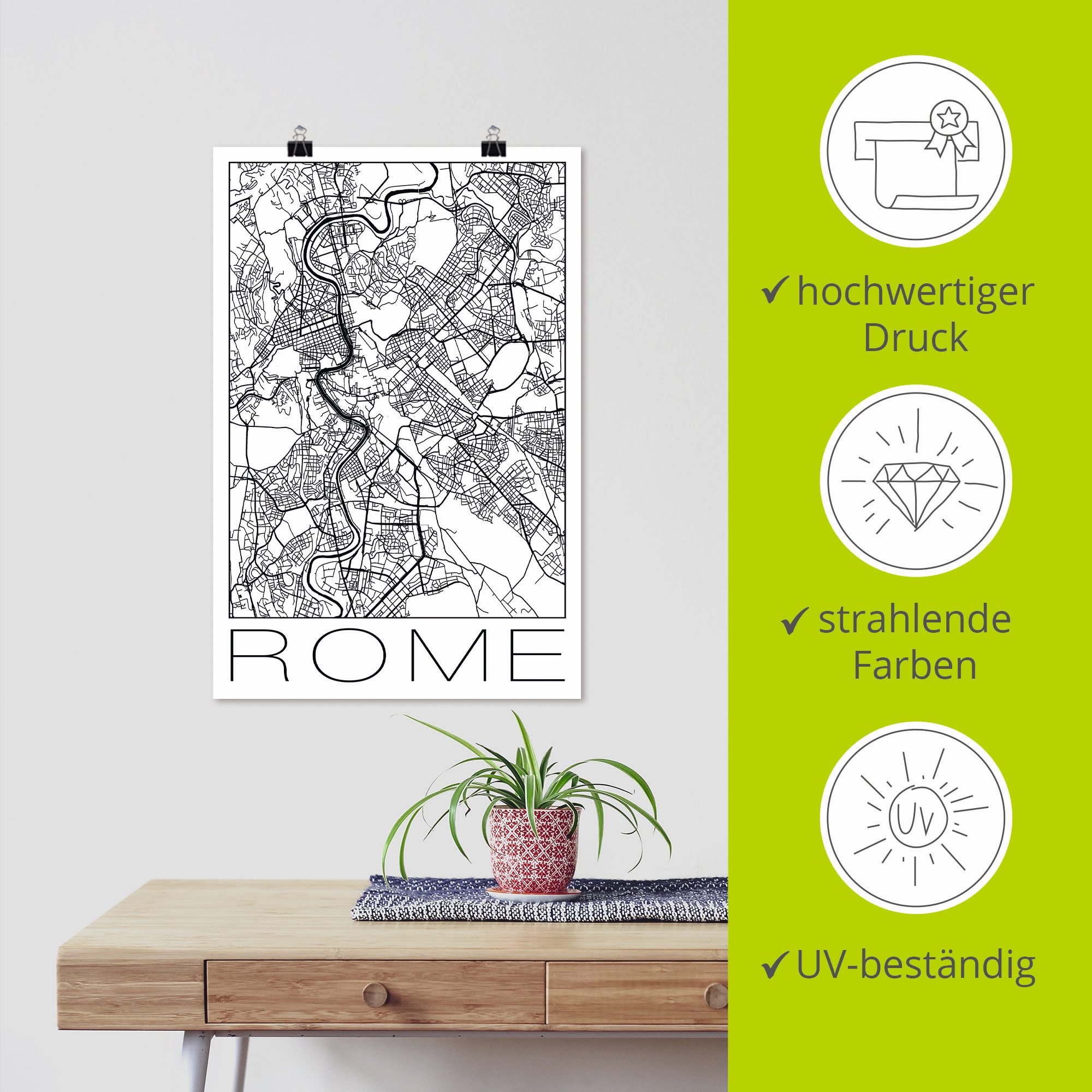 Artland Poster »Retro Karte Rom Italien Schwarz & Weiß«, Italien, (1 St.), als Alubild, Leinwandbild, Wandaufkleber oder Poster in versch. Größen