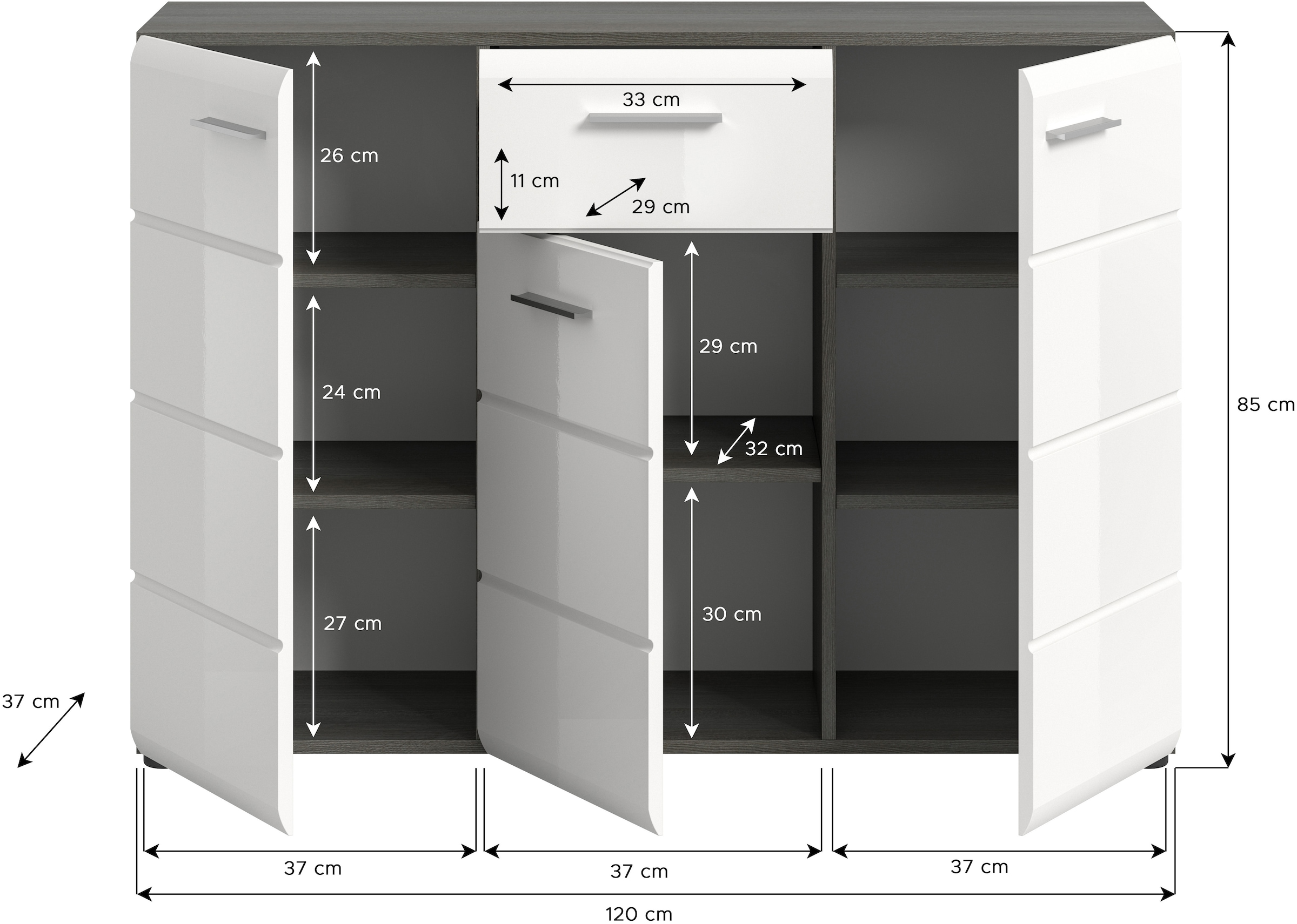 INOSIGN Sideboard »Rumba, Breite 120cm, in Rauchsilber Nachbildung/Weiß Hochglanz«, Kommode, Sideboard, Schrank