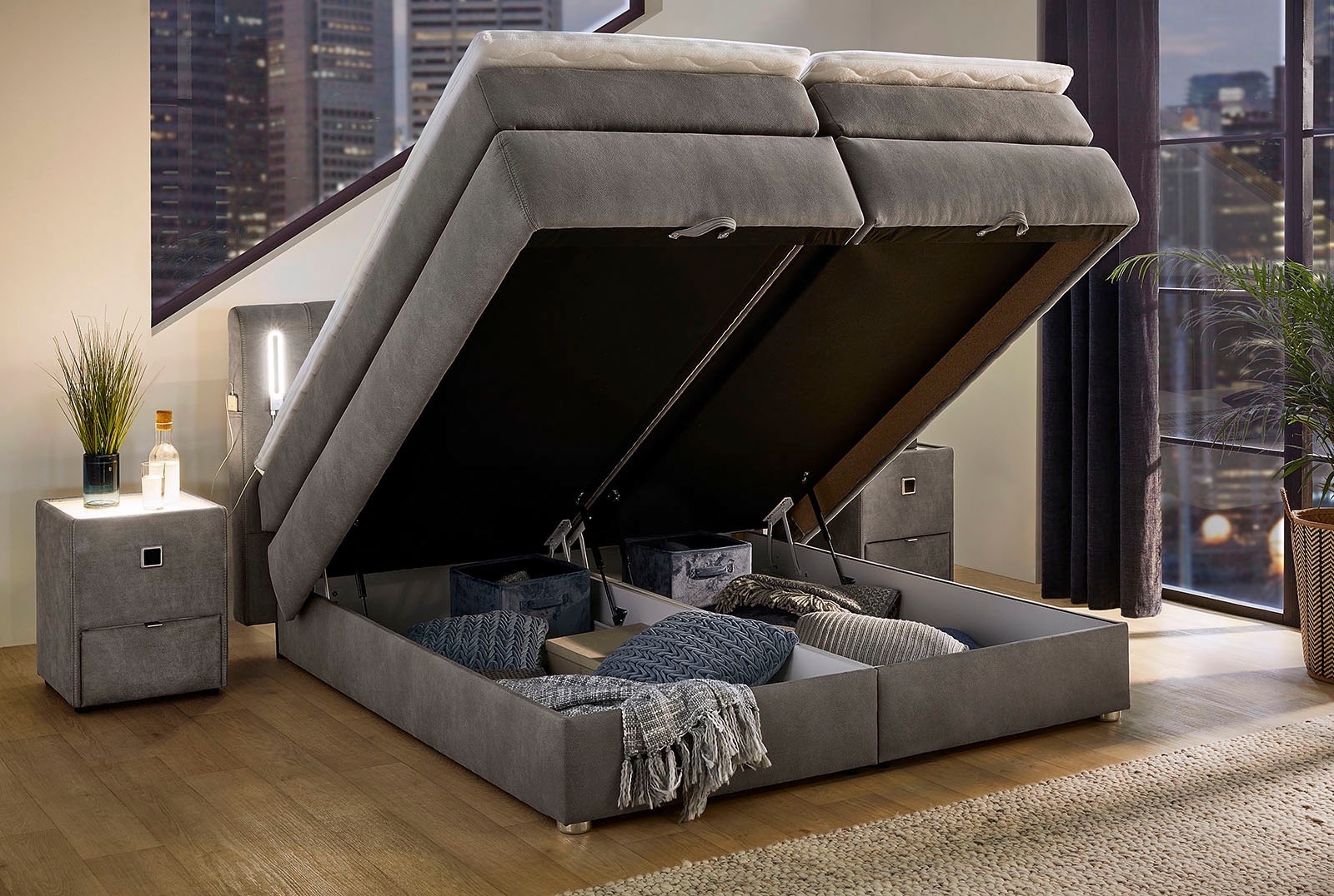 Jockenhöfer Gruppe Boxspringbett Kati, mit Topper, Bettkasten, dimmbare LED-Beleuchtung und USB Ladeport