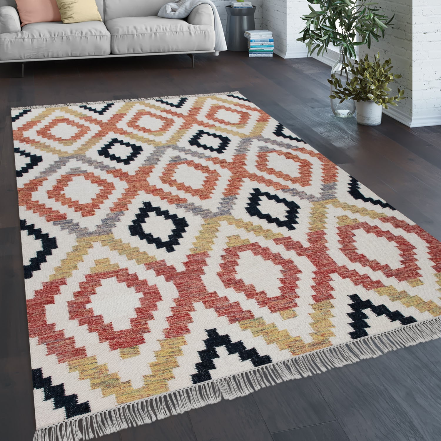 Paco Home Wollteppich »Kenitra 501«, rechteckig, 12 mm Höhe, Flachgewebe, reine Wolle, handgewebt, Rauten Design, mit Fransen
