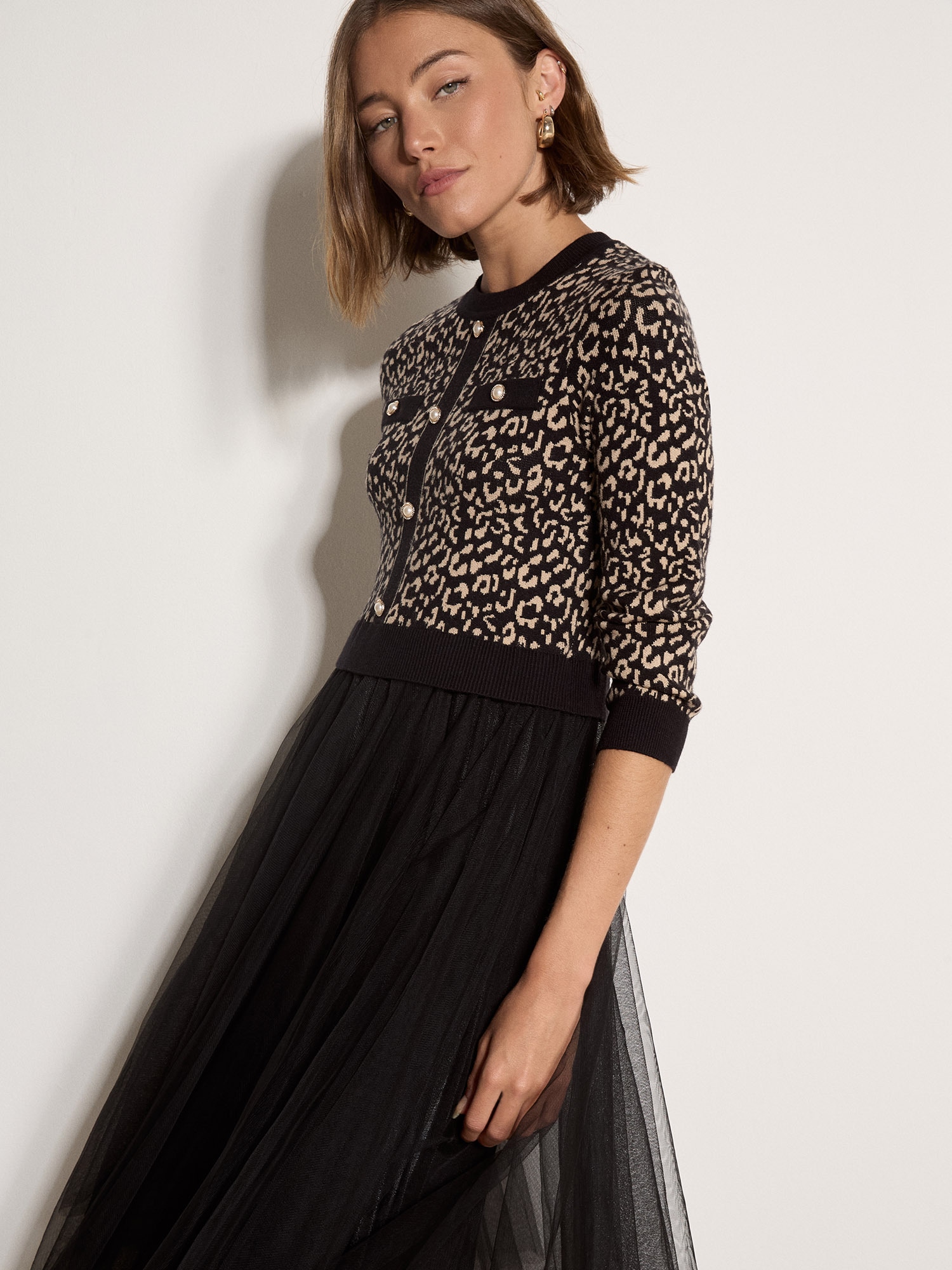 Apricot Partykleid »Midikleid mit Tüll« Ohne Taschen mit Leopardenmuster