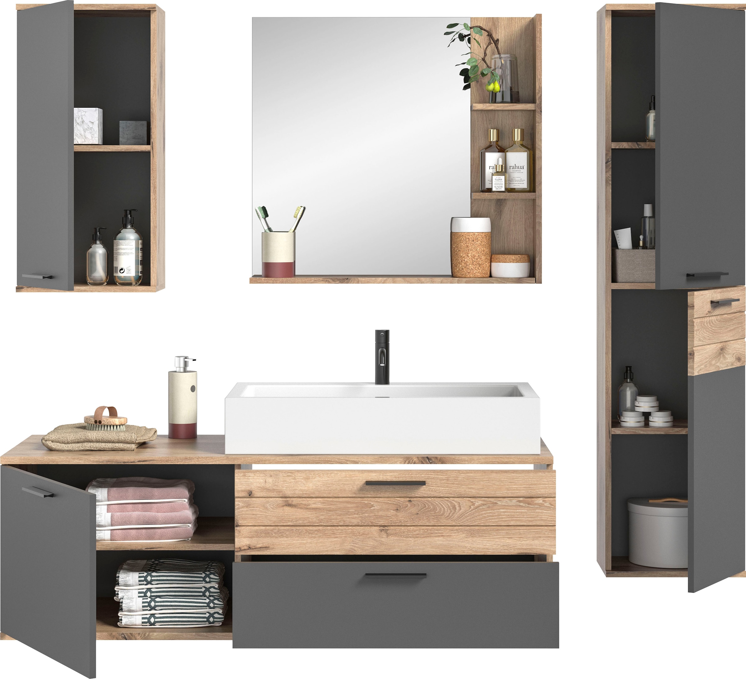 INOSIGN Badmöbel-Set »Riga, 4 teilig, inklusive Keramik-Aufsatzwaschbecken, bestehend aus:«, (Set, 4 St.), Waschtisch-Set, Hängeschrank, Badspiegel, Midischrank