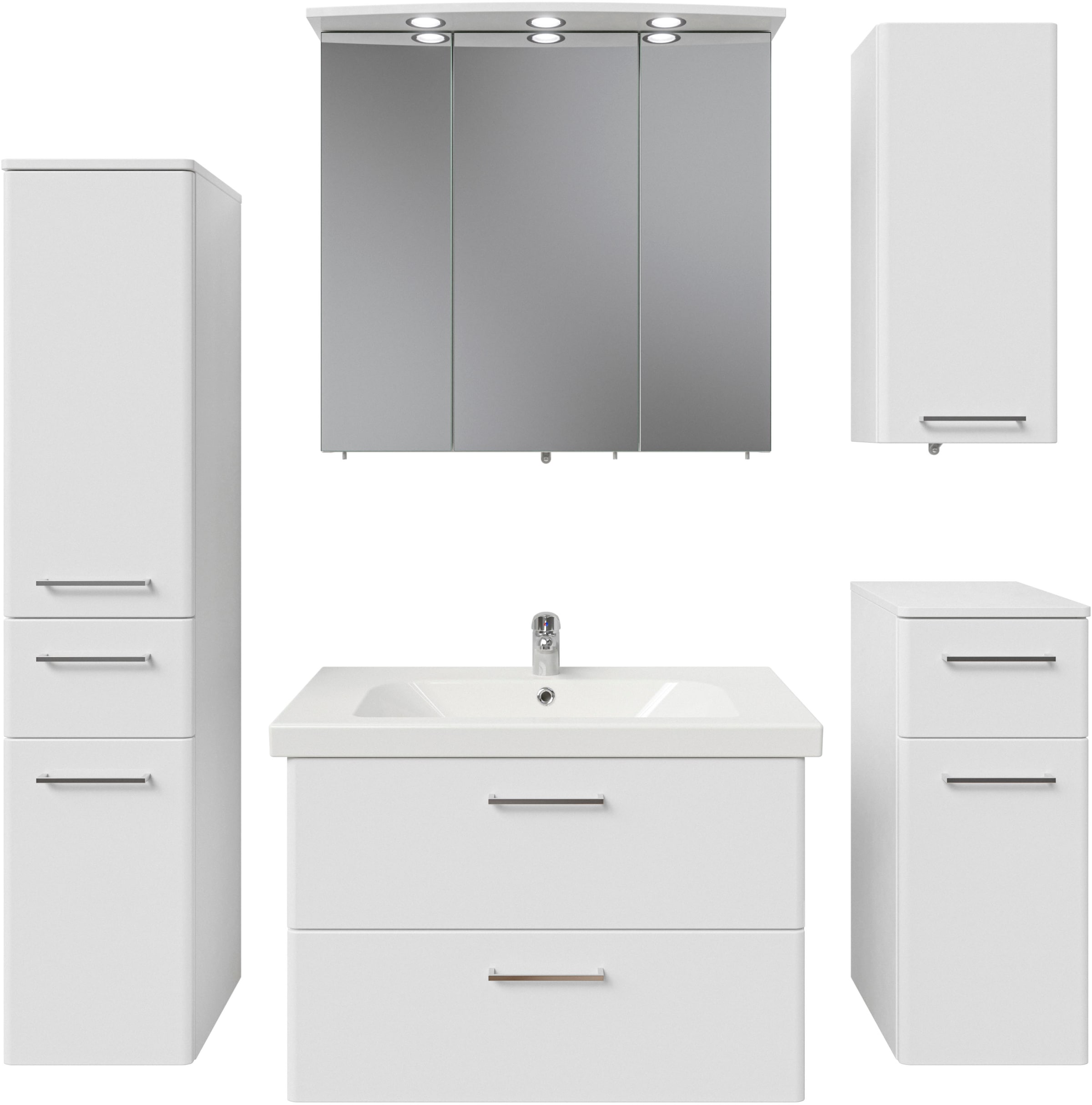 Saphir Badmöbel-Set »Quickset 316 5-teilig, Keramikwaschtisch mit LED-Spiegelschrank«, (6 St.), Midischrank, Unterschrank, Hängeschrank, 7 Türen, inkl. Türdämpfer