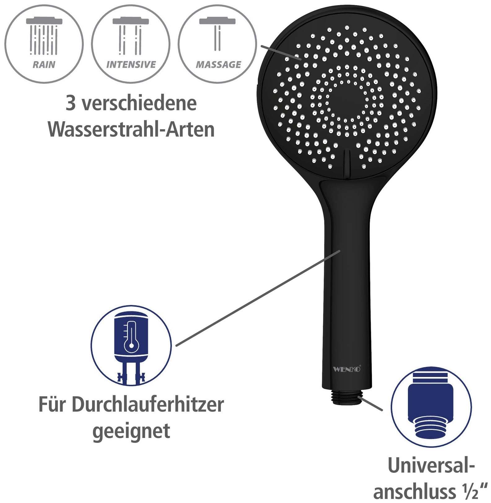 WENKO Handbrause »Watersaving«, (1 tlg.), Schwarz matt, Ø 11 cm