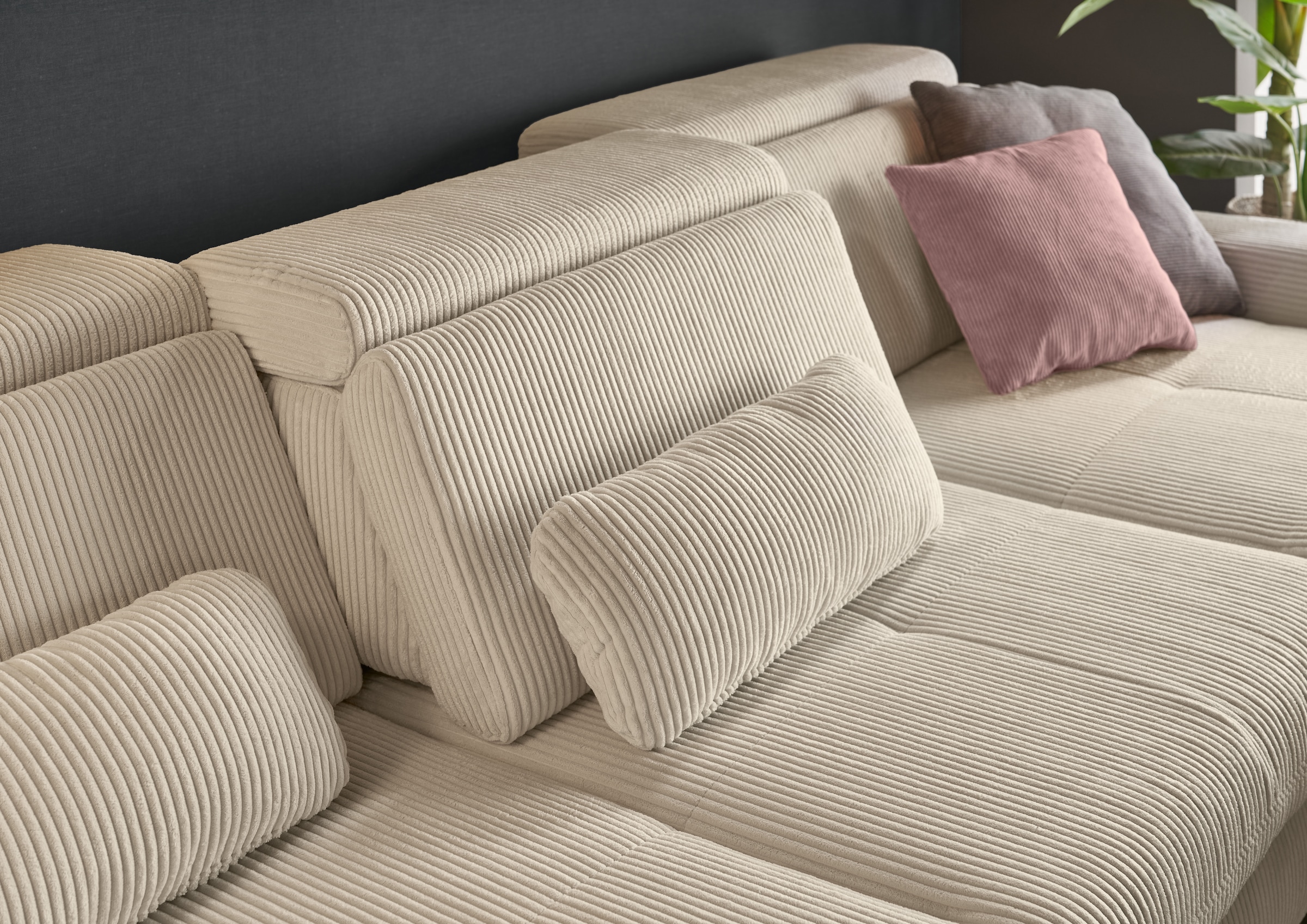 set one by Musterring Ecksofa »SO 3400 Sitzhöhe 47cm oder 49cm, Sitztiefe verstellbar, B/T: 307/195cm« whlw. mit Funktion, Kaltschaum, in Cord, natur, Sitzhöhe 47